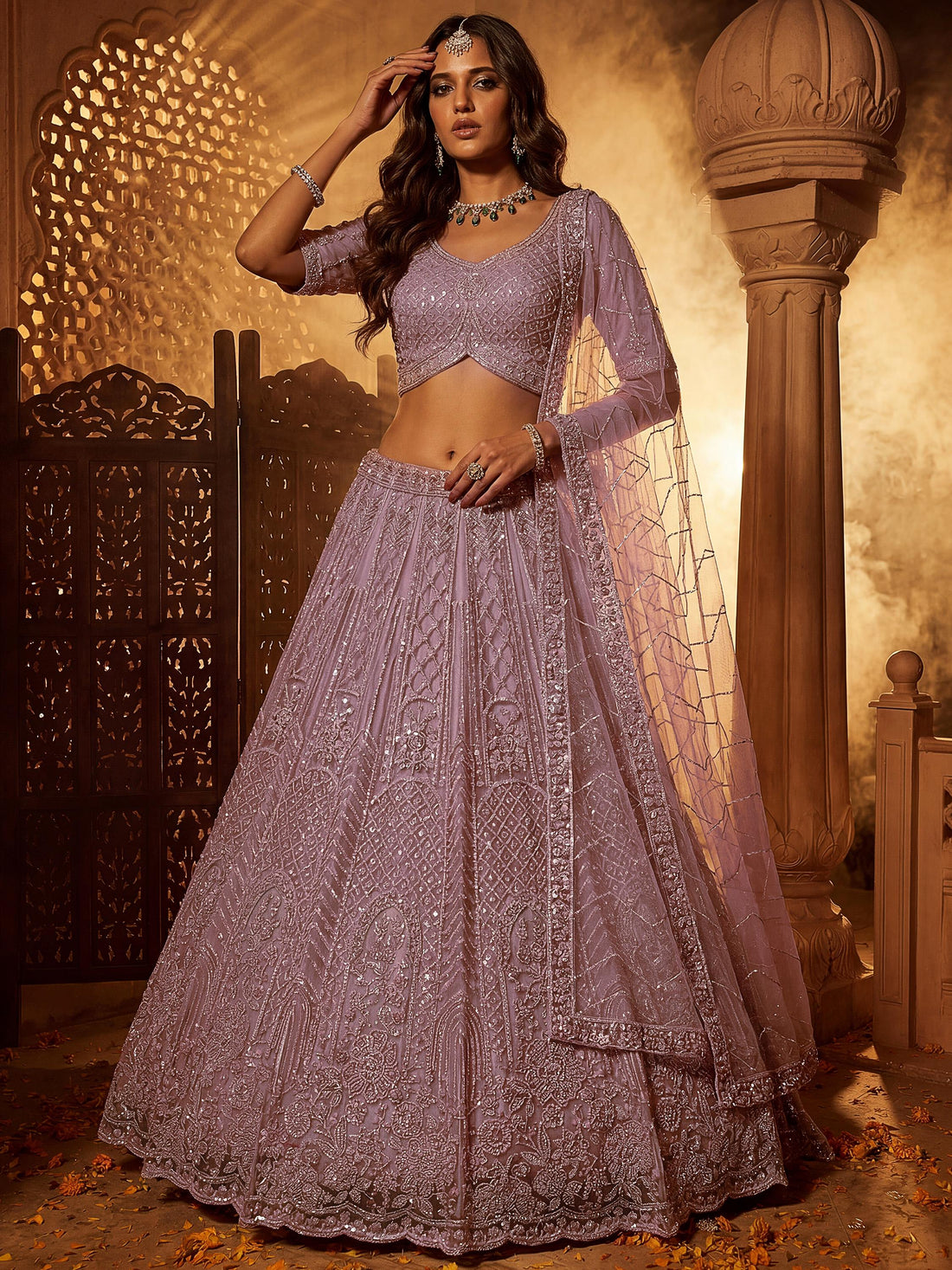 Stylish Lavender Sequins Net Wedding Wear Lehenga Choli With Dupatta
