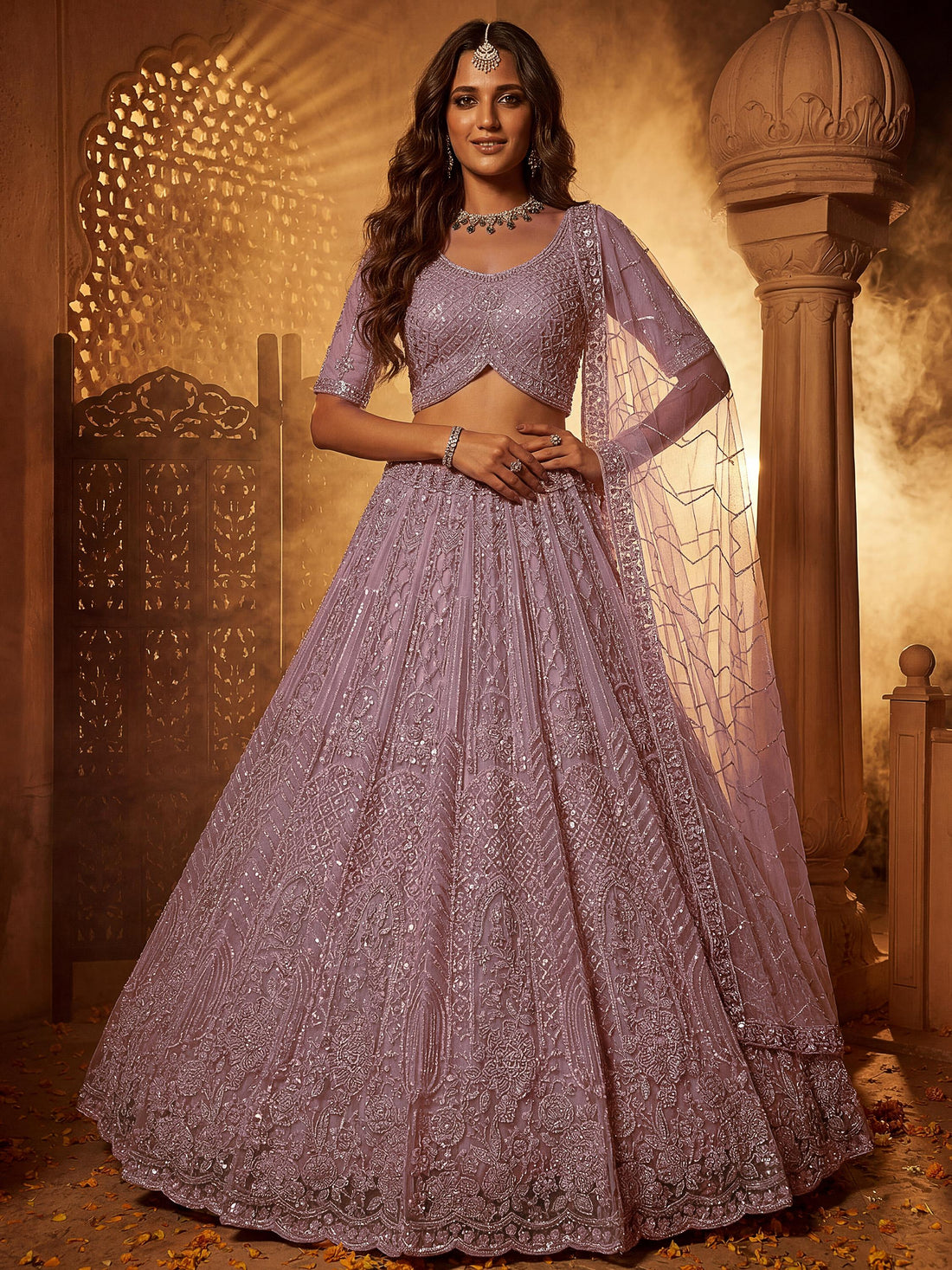 Stylish Lavender Sequins Net Wedding Wear Lehenga Choli With Dupatta