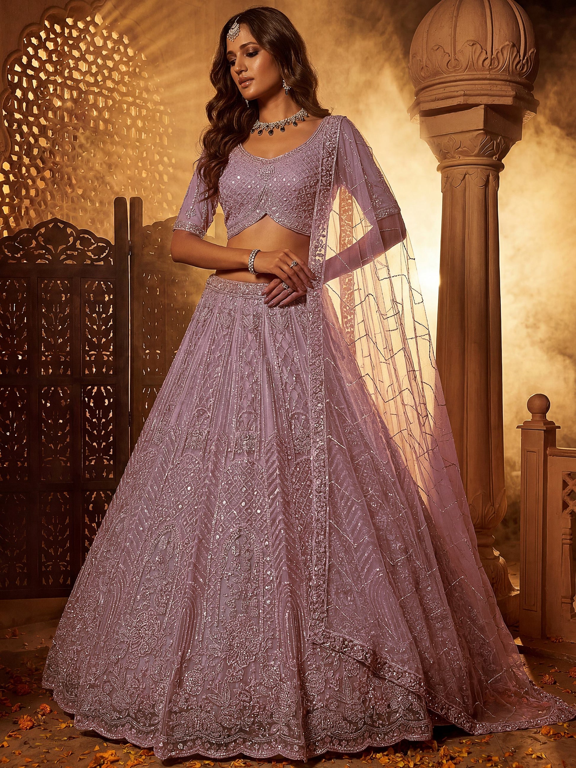Stylish Lavender Sequins Net Wedding Wear Lehenga Choli With Dupatta