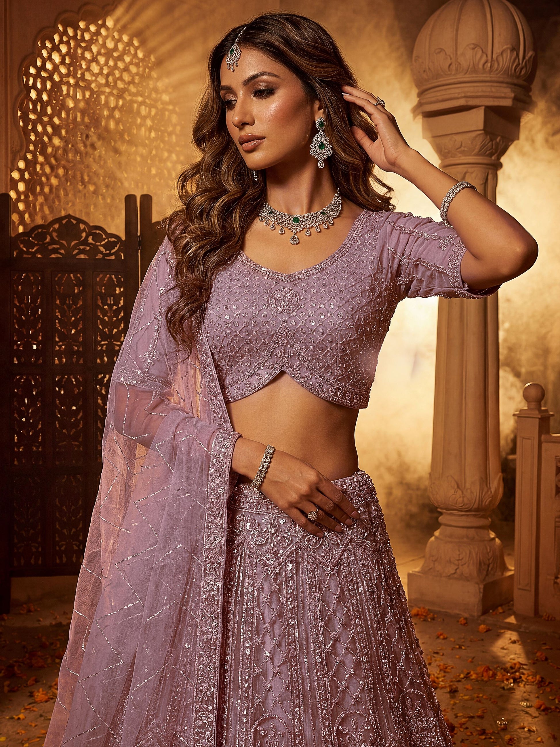 Stylish Lavender Sequins Net Wedding Wear Lehenga Choli With Dupatta