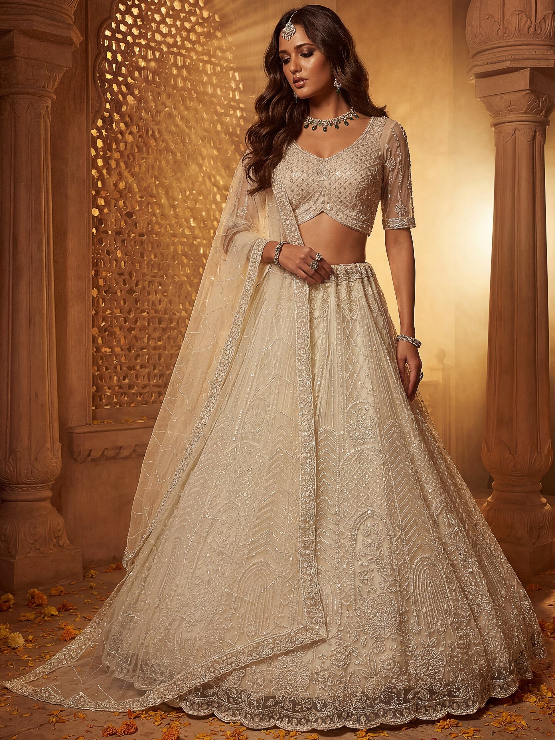 Attractive Off-White Beads Work Net Wedding Wear Lehenga Choli With Dupatta