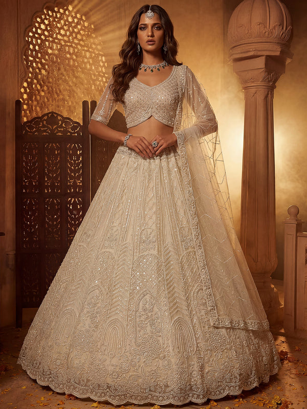 Attractive Off-White Beads Work Net Wedding Wear Lehenga Choli With Dupatta