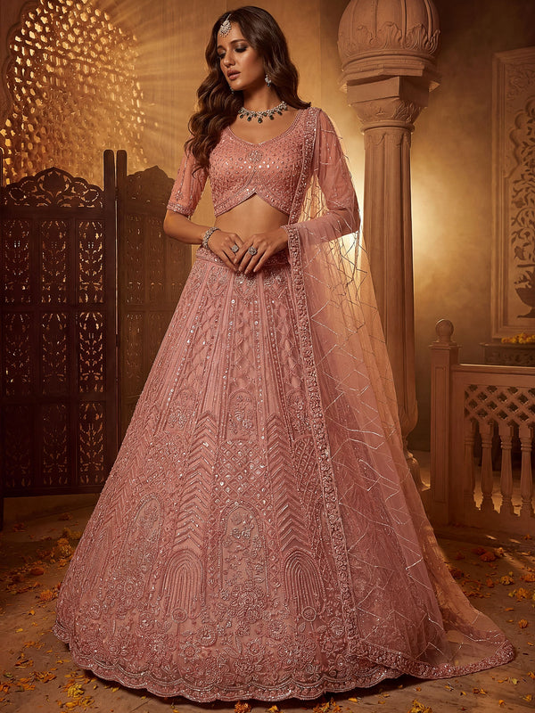 Dazzling Dusty Pink Sequins Net Wedding Wear Lehenga Choli With Dupatta