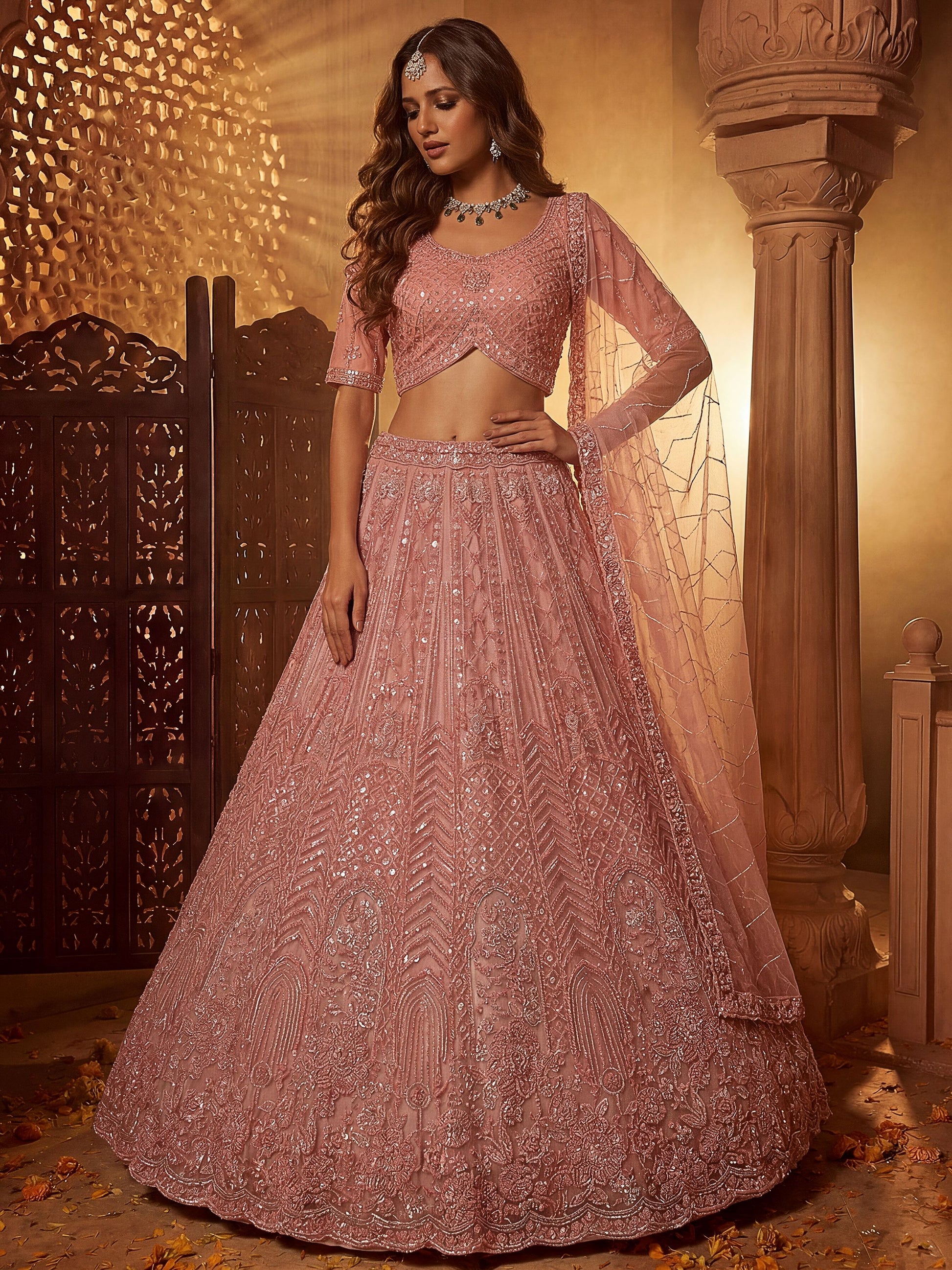 Dazzling Dusty Pink Sequins Net Wedding Wear Lehenga Choli With Dupatta