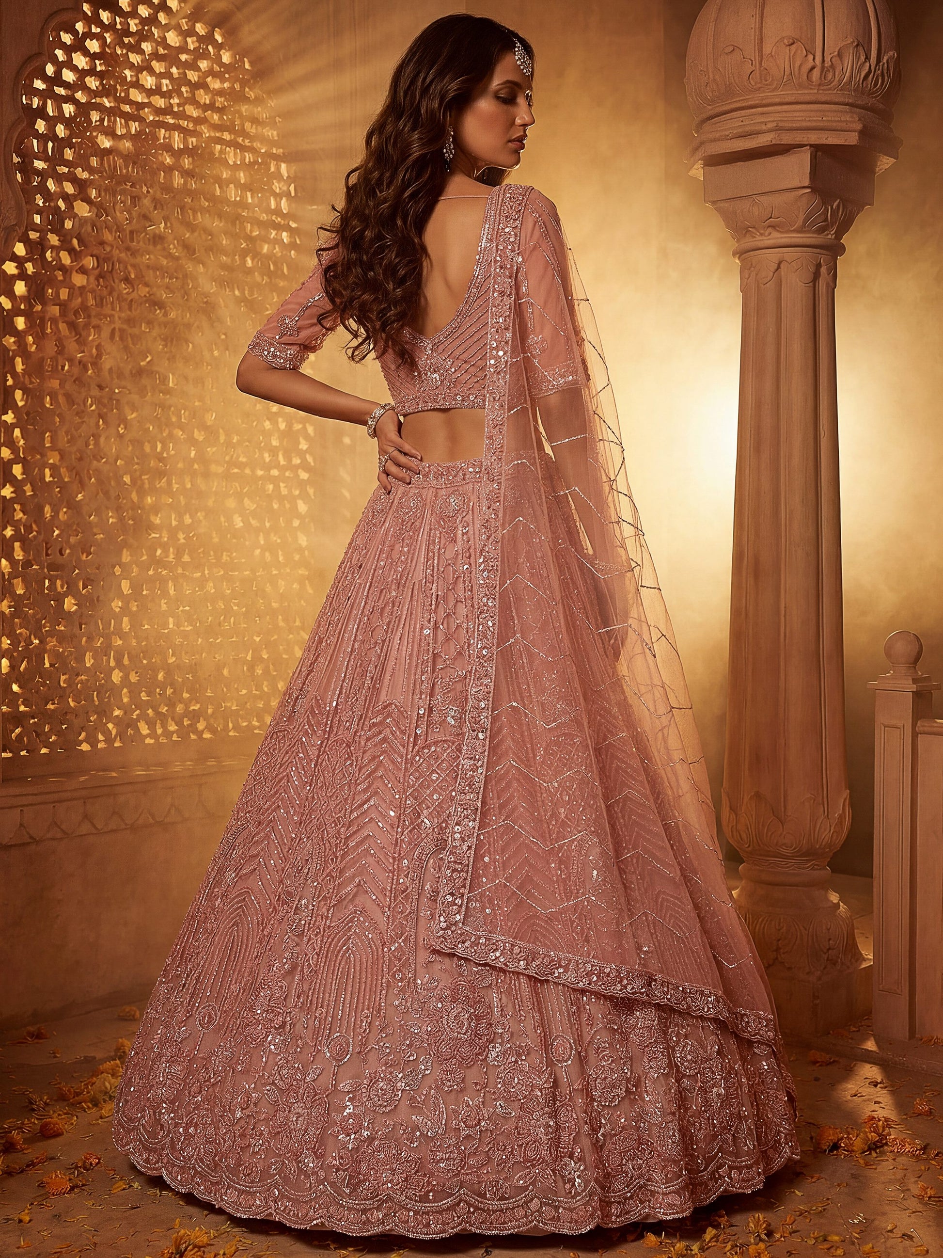 Dazzling Dusty Pink Sequins Net Wedding Wear Lehenga Choli With Dupatta