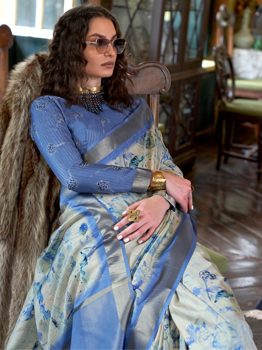 Marvelous Blue & Off-White Printed Banarasi Silk Saree With Blouse