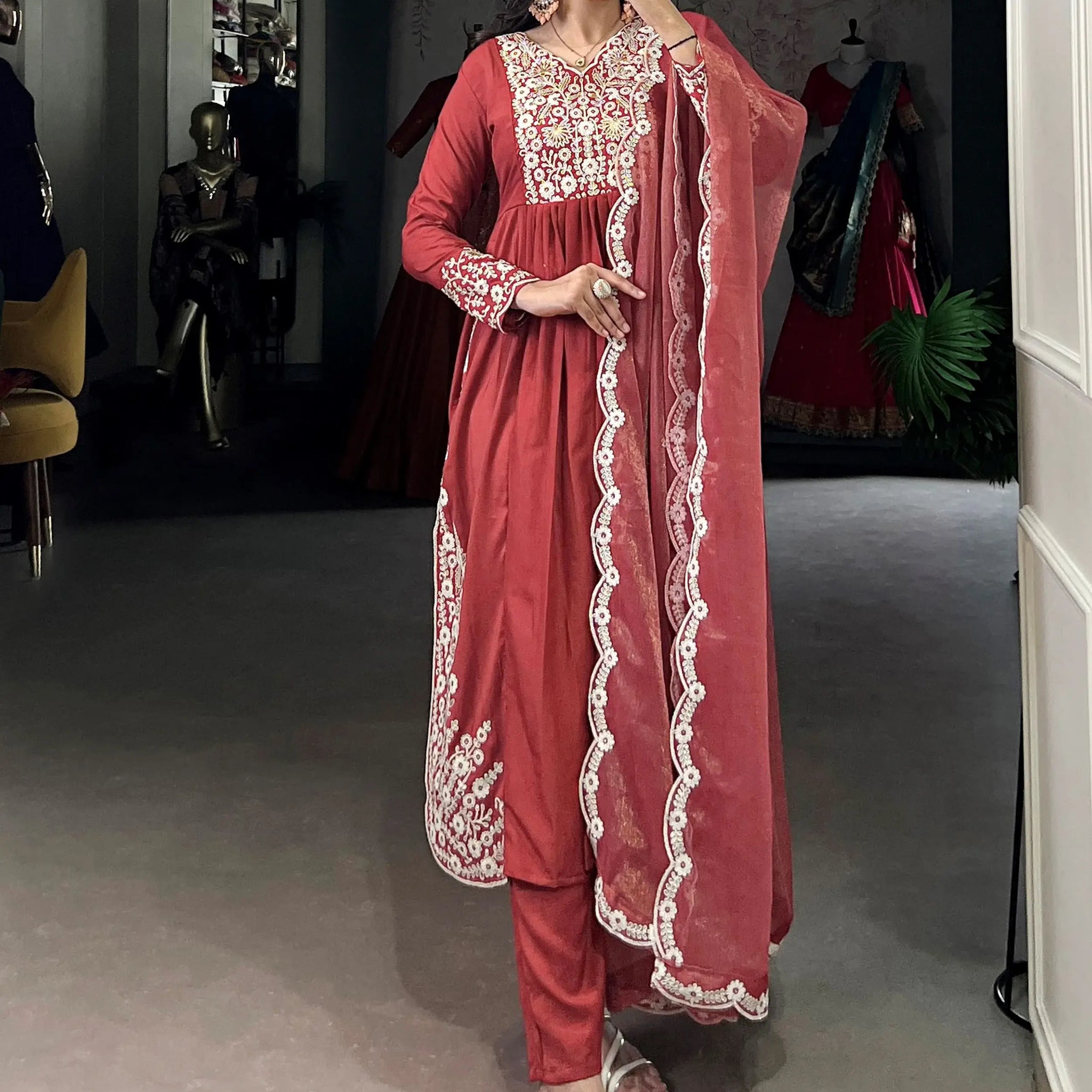 Alluring Orange Sequins Work Cotton Festive Wear Pant Suit With Dupatta