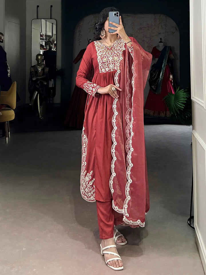 Alluring Orange Sequins Work Cotton Festive Wear Pant Suit With Dupatta