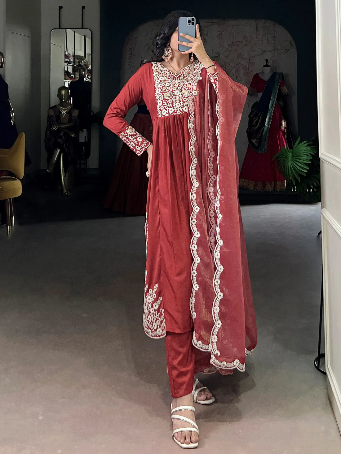 Alluring Orange Sequins Work Cotton Festive Wear Pant Suit With Dupatta