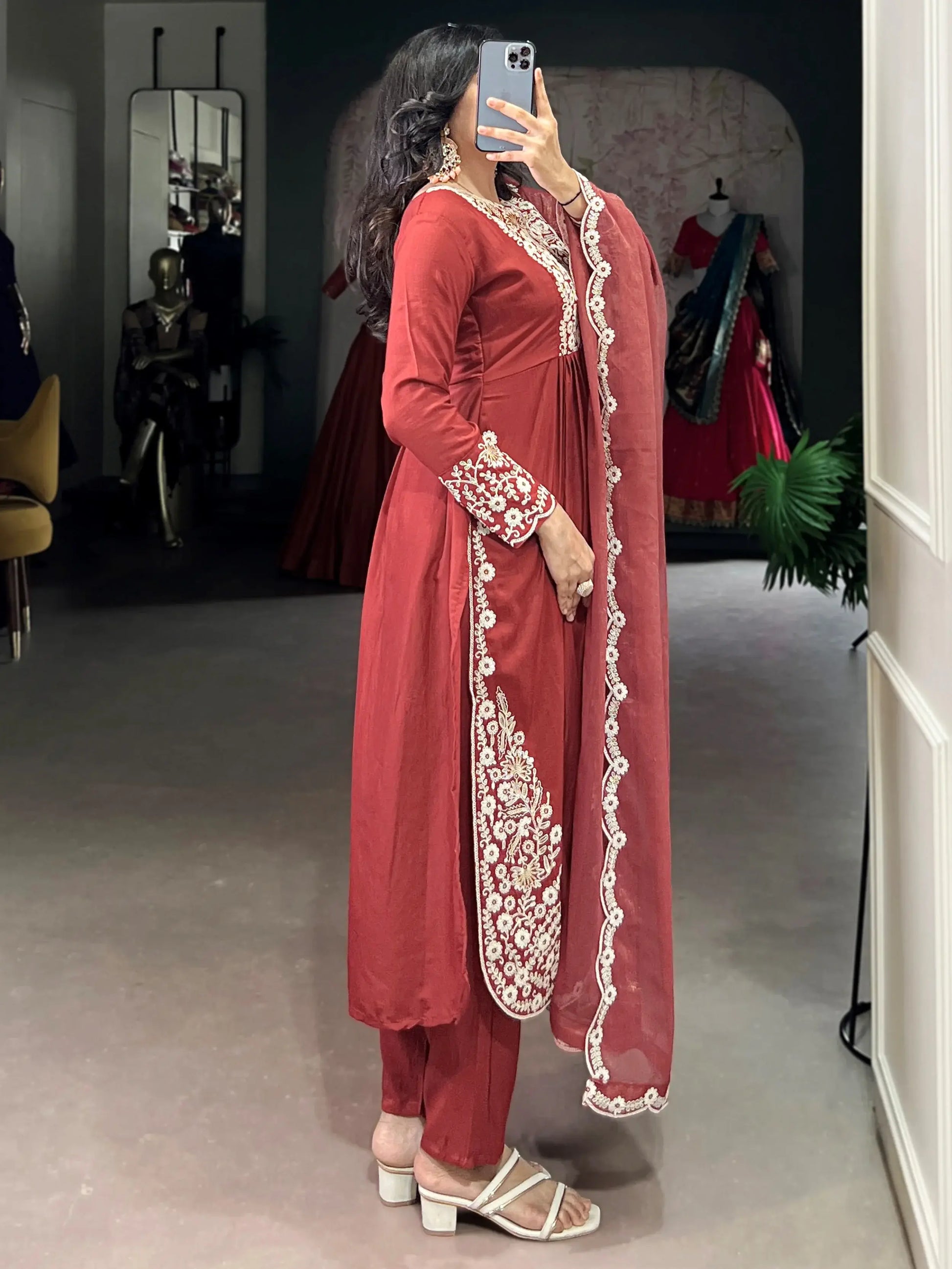 Alluring Orange Sequins Work Cotton Festive Wear Pant Suit With Dupatta