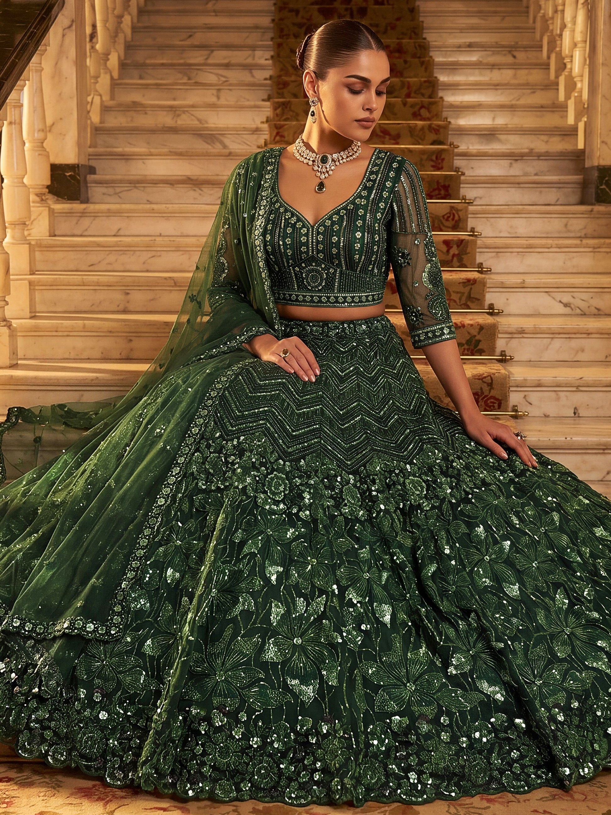 Graceful Green Sequins Net Wedding Wear Lehenga Choli With Dupatta