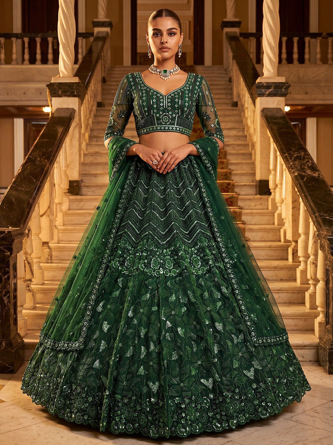 Graceful Green Sequins Net Wedding Wear Lehenga Choli With Dupatta