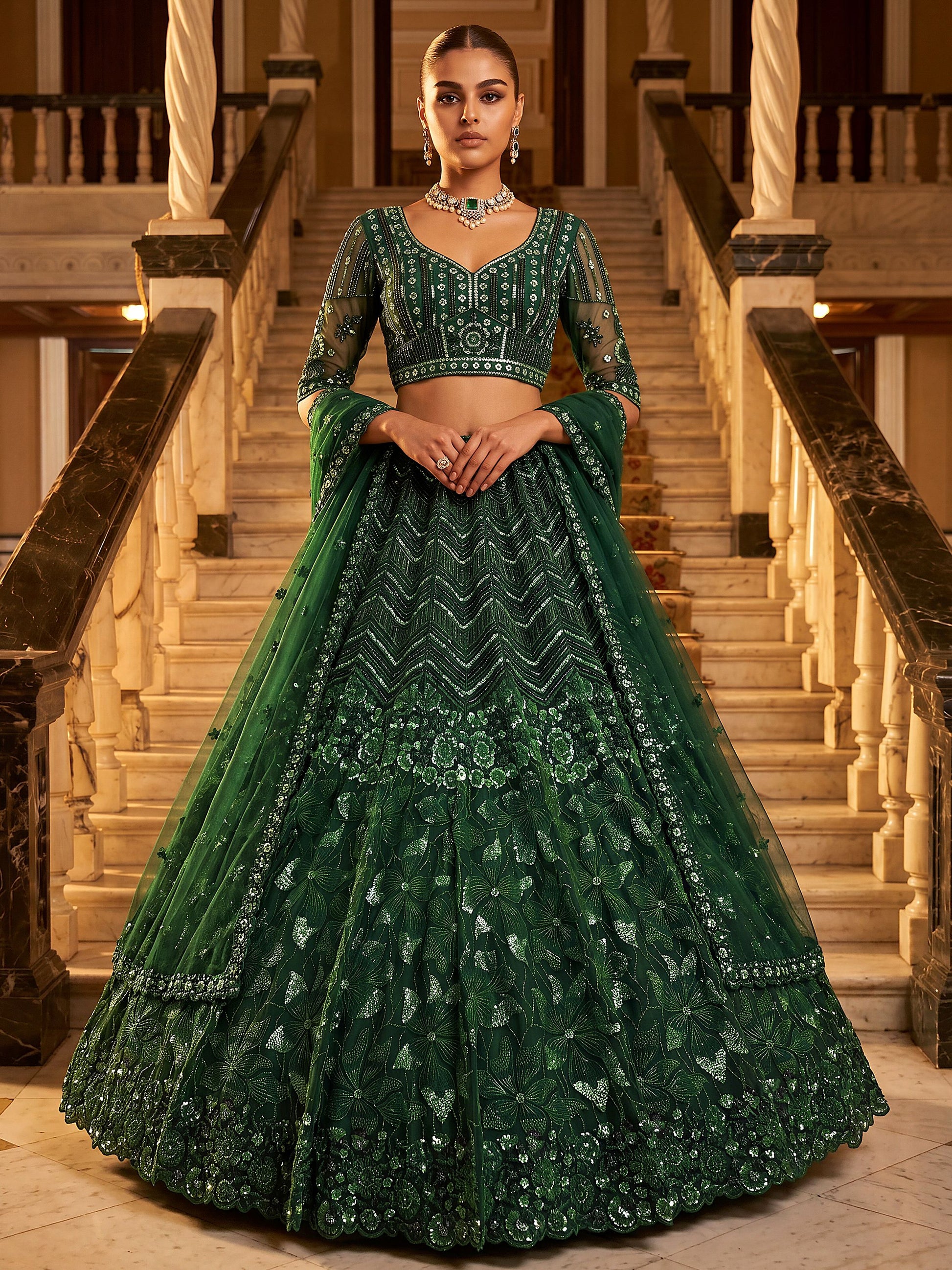 Graceful Green Sequins Net Wedding Wear Lehenga Choli With Dupatta