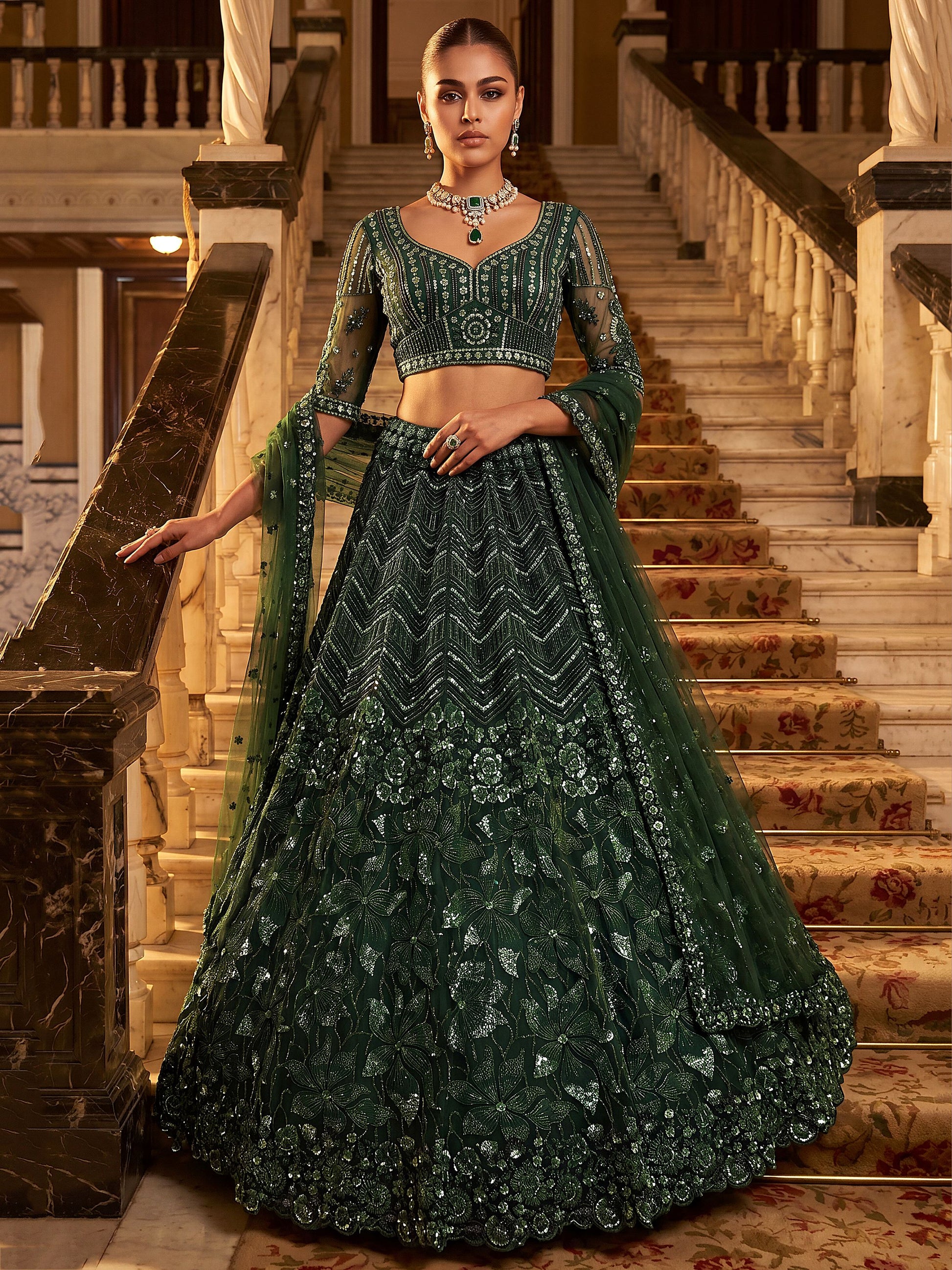 Graceful Green Sequins Net Wedding Wear Lehenga Choli With Dupatta