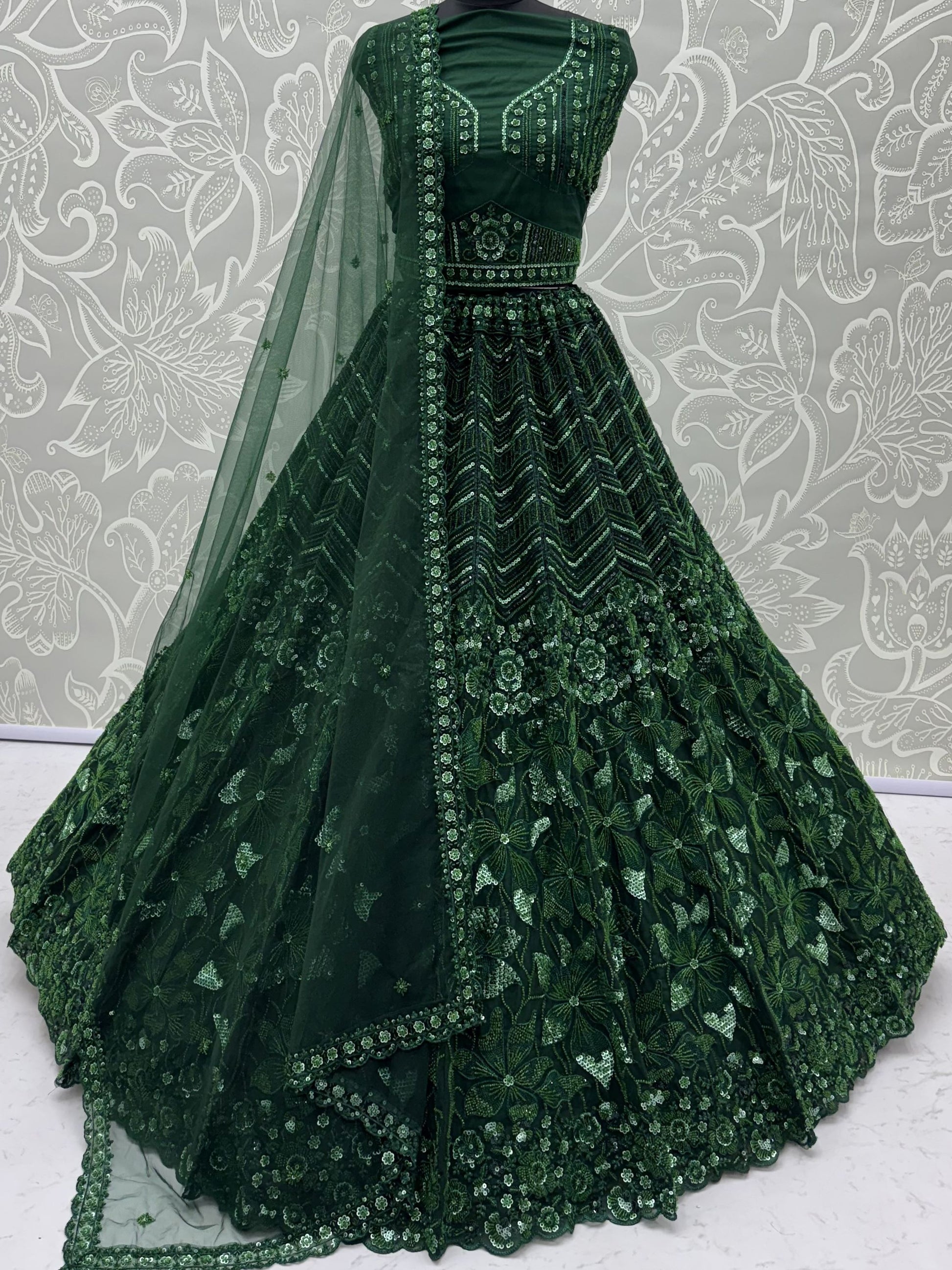 Graceful Green Sequins Net Wedding Wear Lehenga Choli With Dupatta