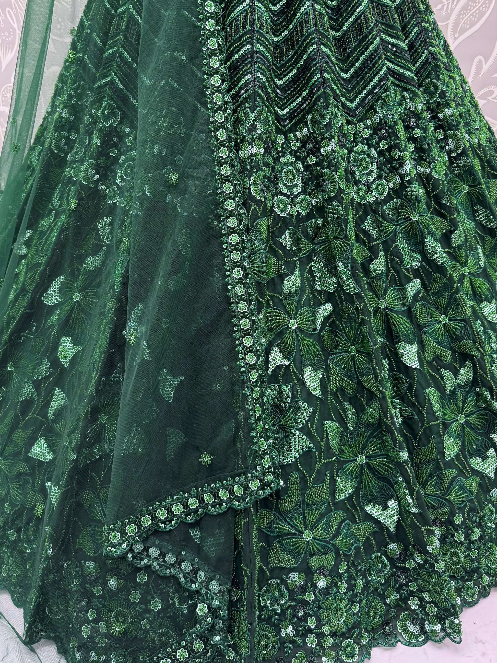 Graceful Green Sequins Net Wedding Wear Lehenga Choli With Dupatta
