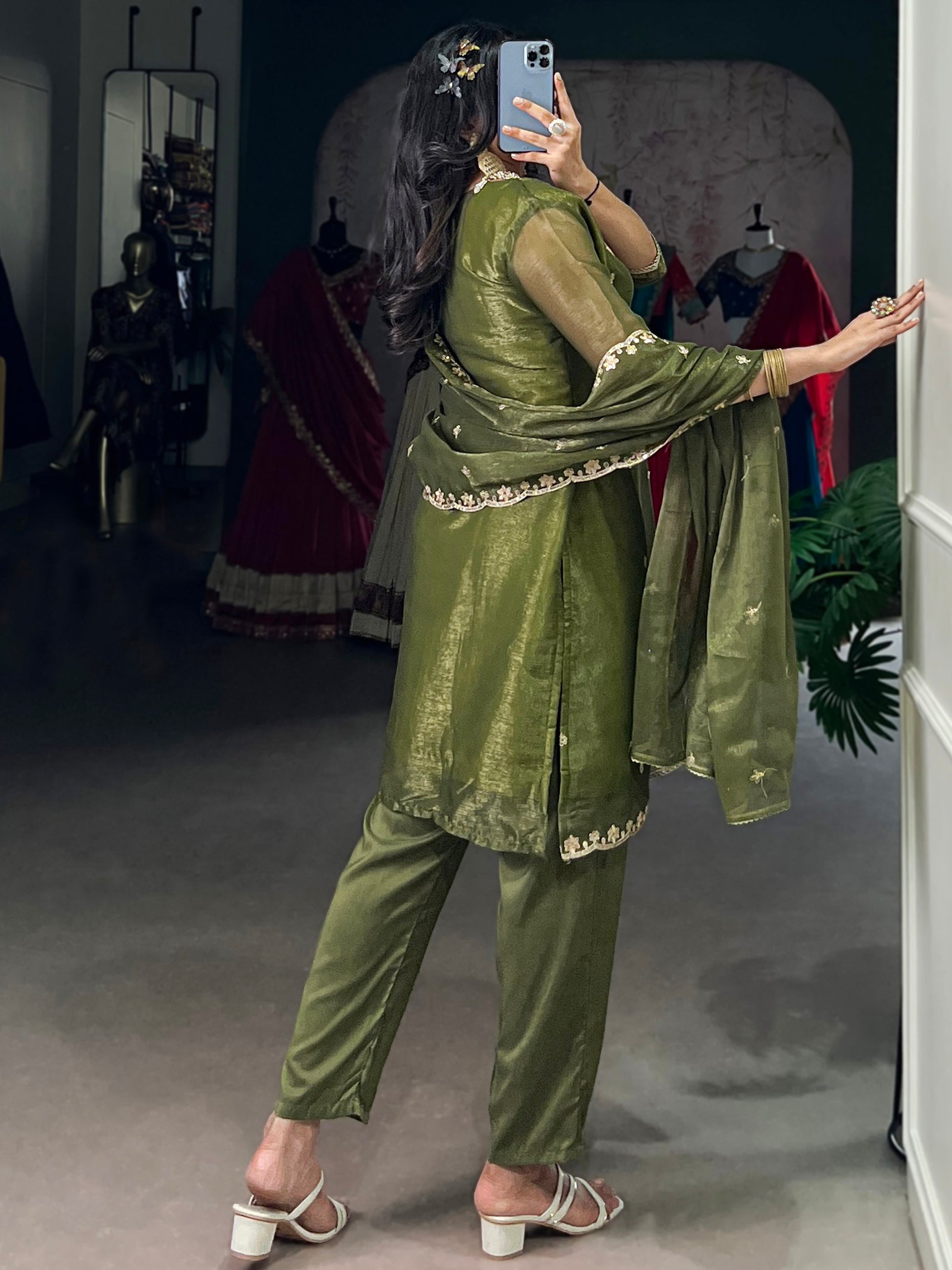 Lovable Olive Green Sequins Organza Festival Wear Salwar Suit