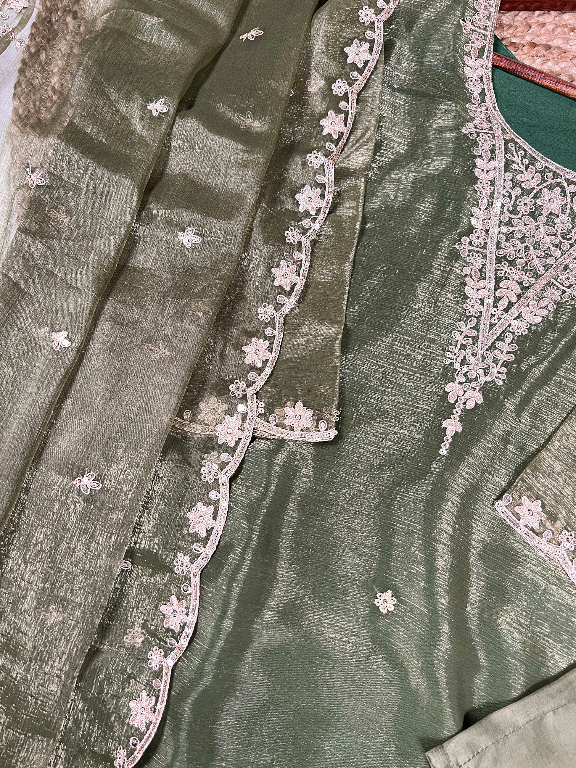 Lovable Olive Green Sequins Organza Festival Wear Salwar Suit
