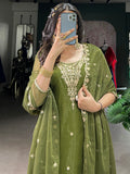 Lovable Olive Green Sequins Organza Festival Wear Salwar Suit