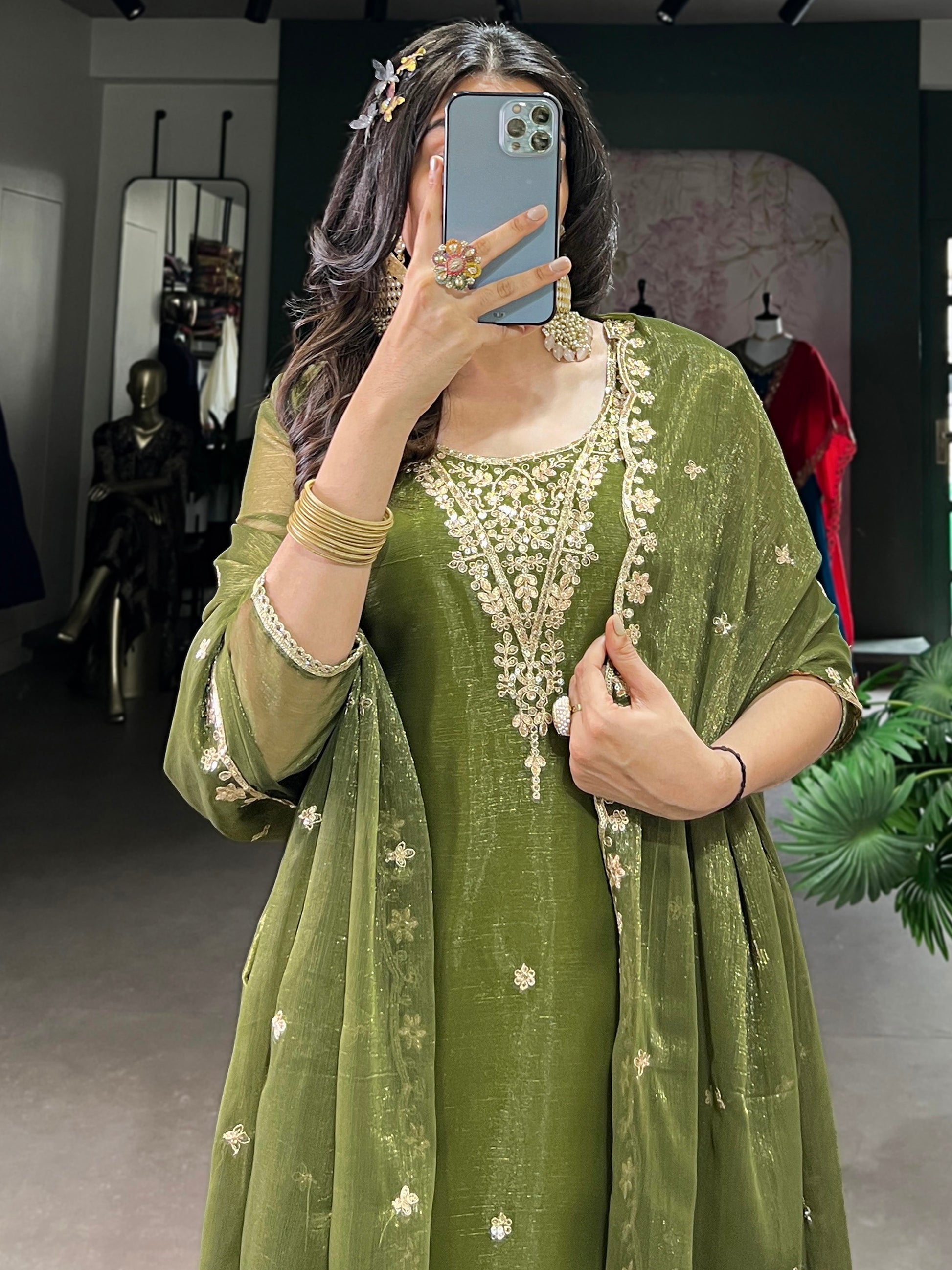 Lovable Olive Green Sequins Organza Festival Wear Salwar Suit