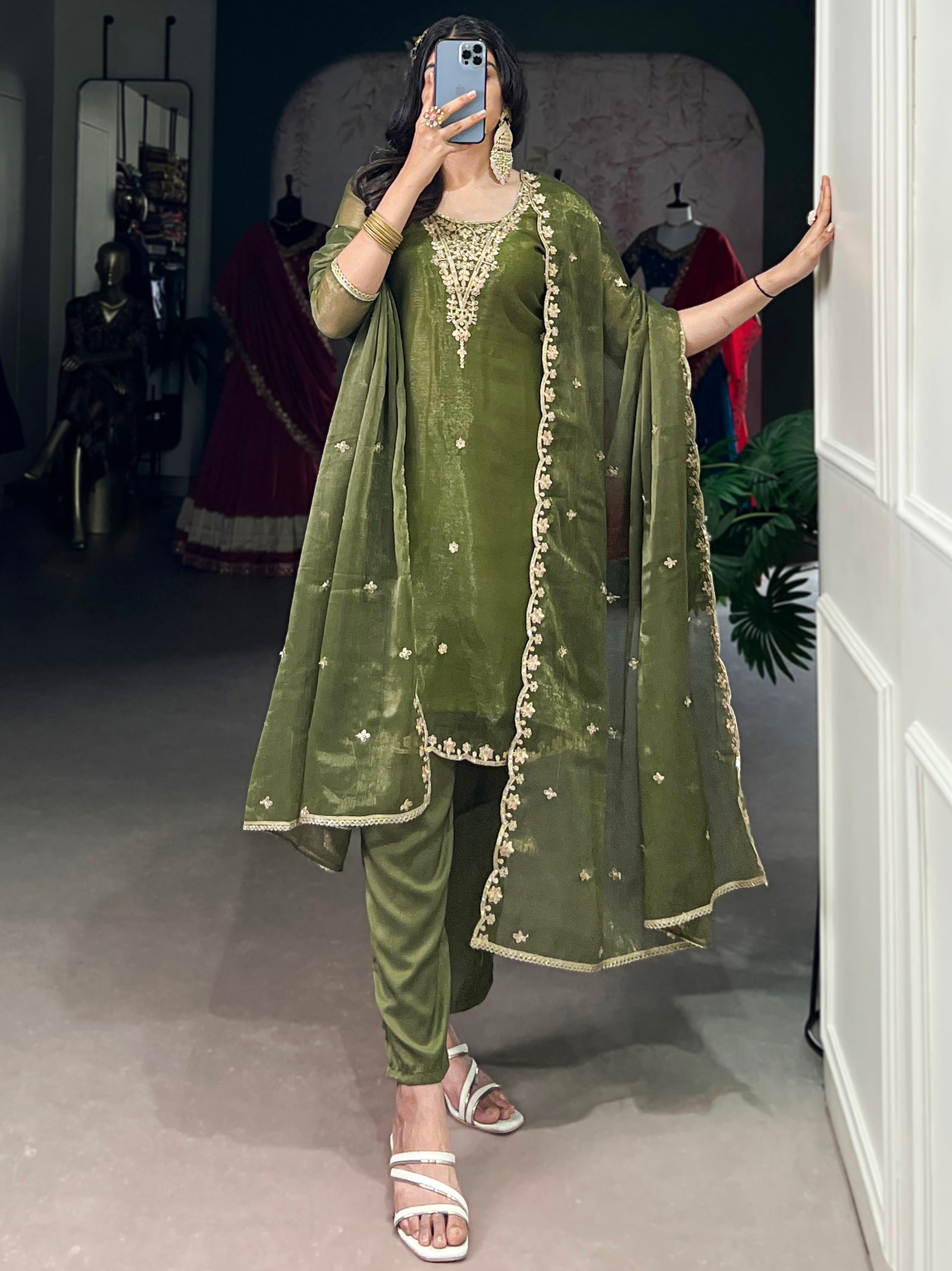 Lovable Olive Green Sequins Organza Festival Wear Salwar Suit