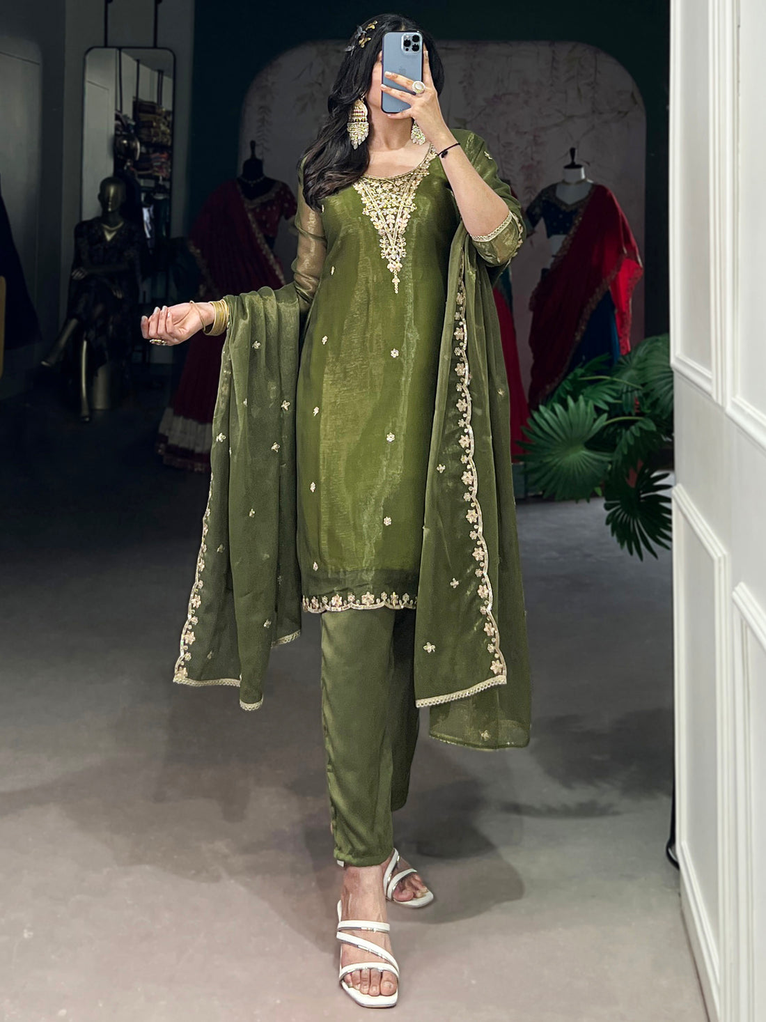Lovable Olive Green Sequins Organza Festival Wear Salwar Suit