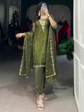 Lovable Olive Green Sequins Organza Festival Wear Salwar Suit