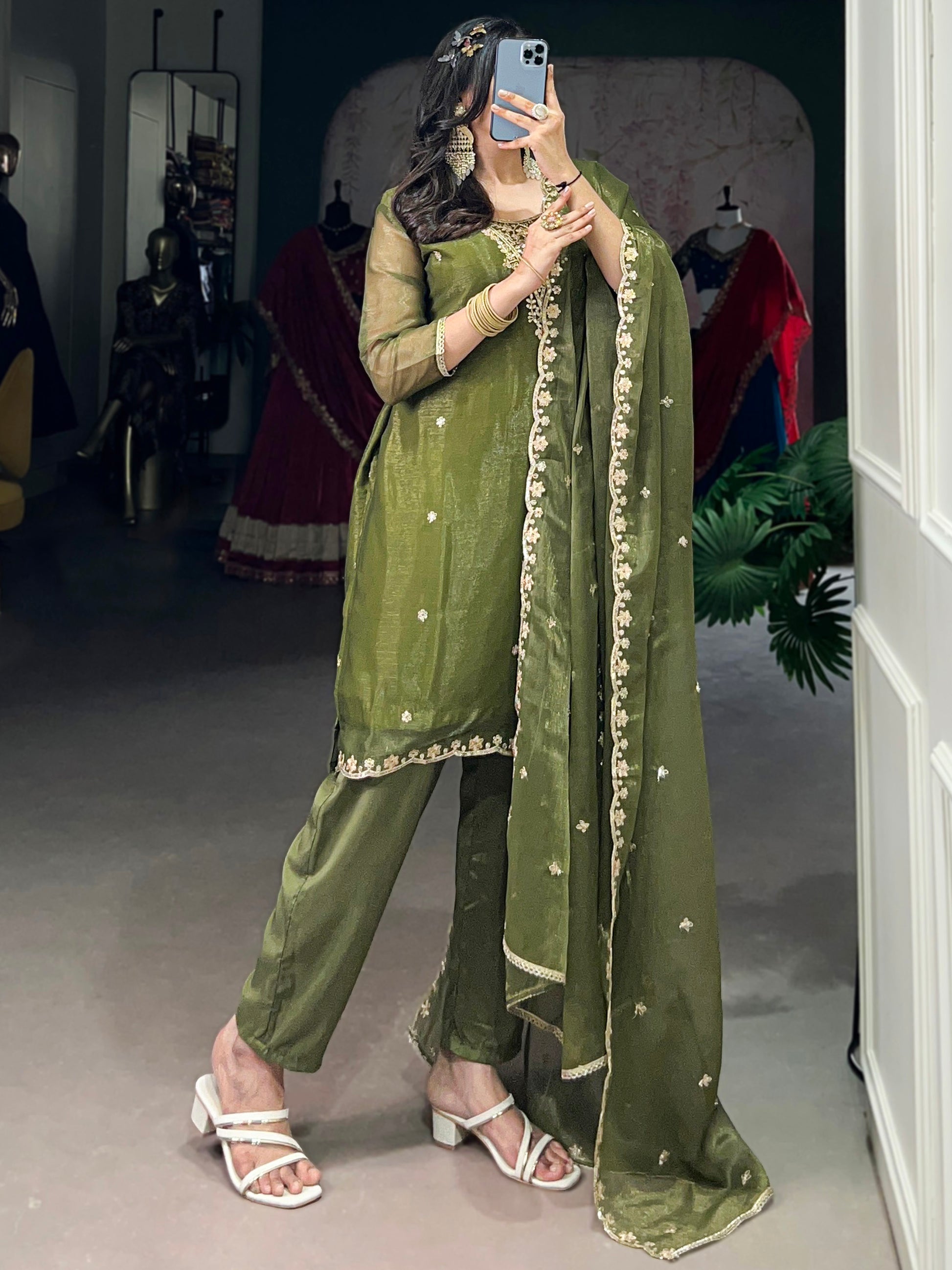 Lovable Olive Green Sequins Organza Festival Wear Salwar Suit