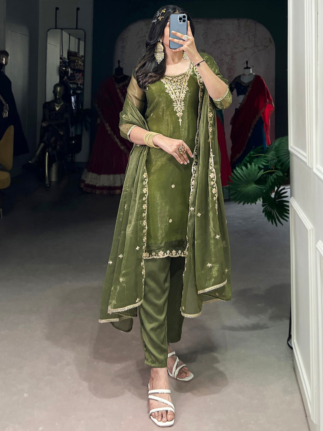 Lovable Olive Green Sequins Organza Festival Wear Salwar Suit