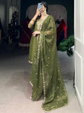 Lovable Olive Green Sequins Organza Festival Wear Salwar Suit