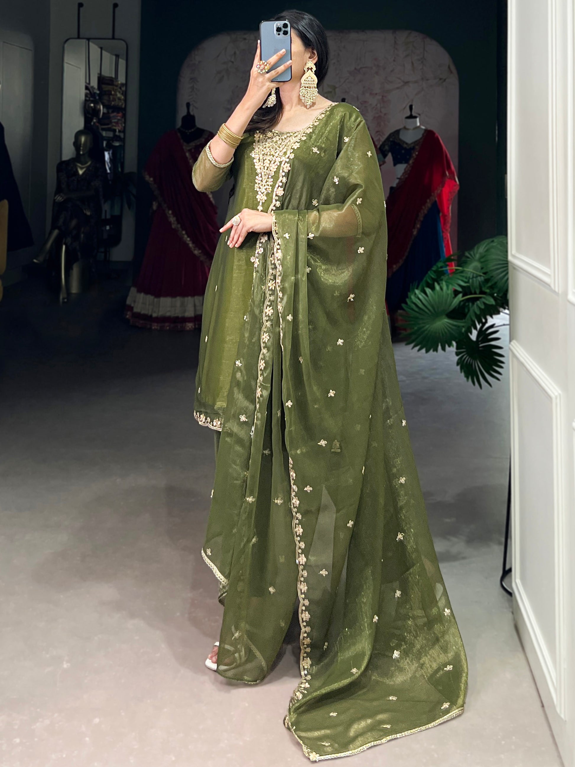 Lovable Olive Green Sequins Organza Festival Wear Salwar Suit