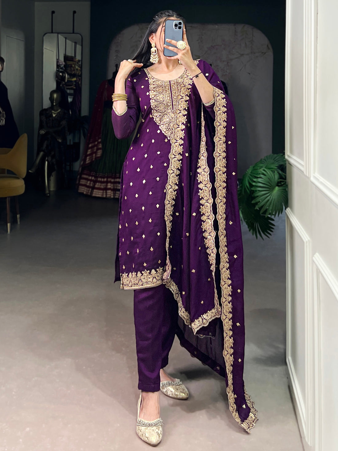 Fantastic Purple Embroidery Silk Function Salwar With Dupatta