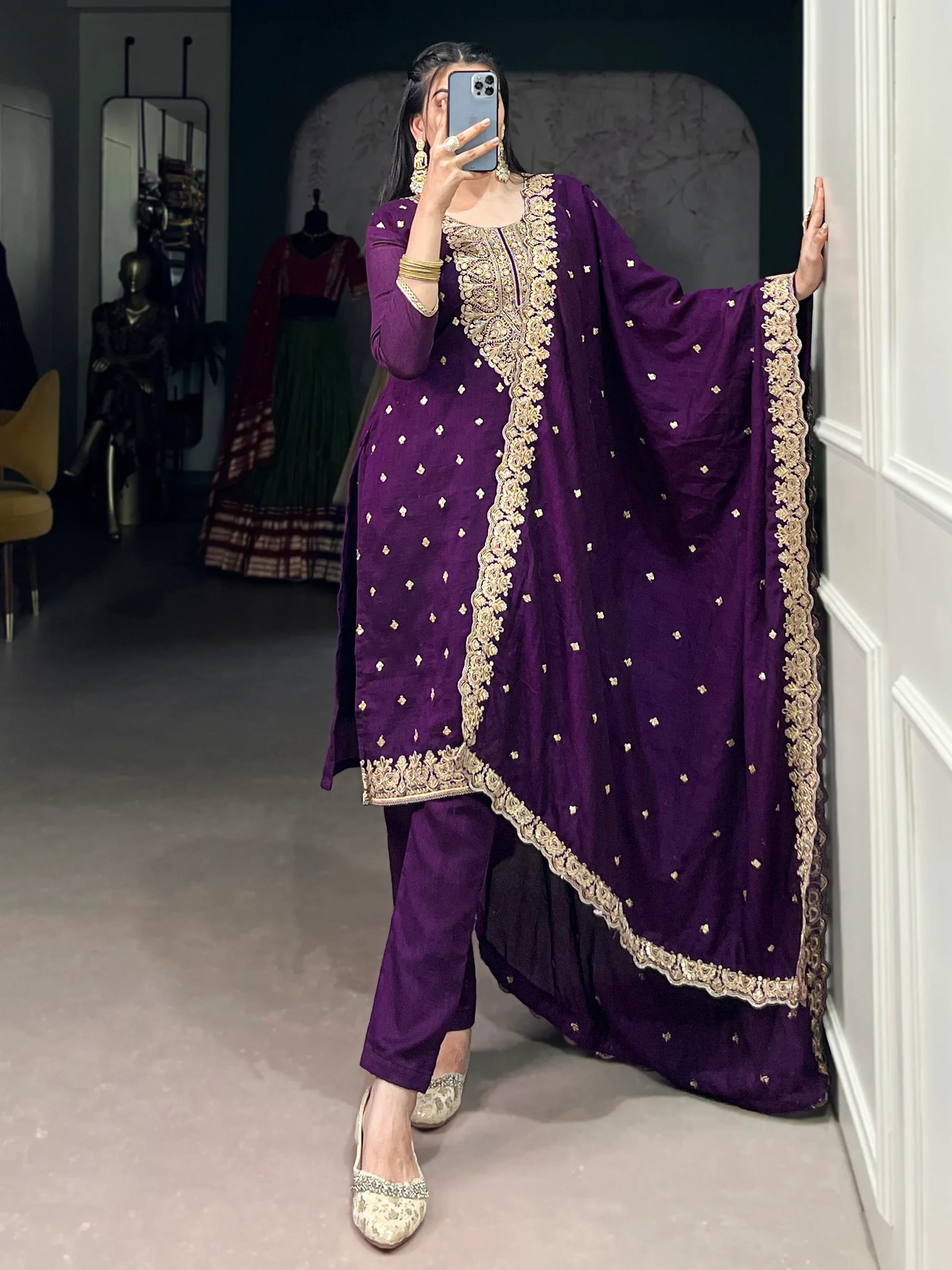 Fantastic Purple Embroidery Silk Function Salwar With Dupatta