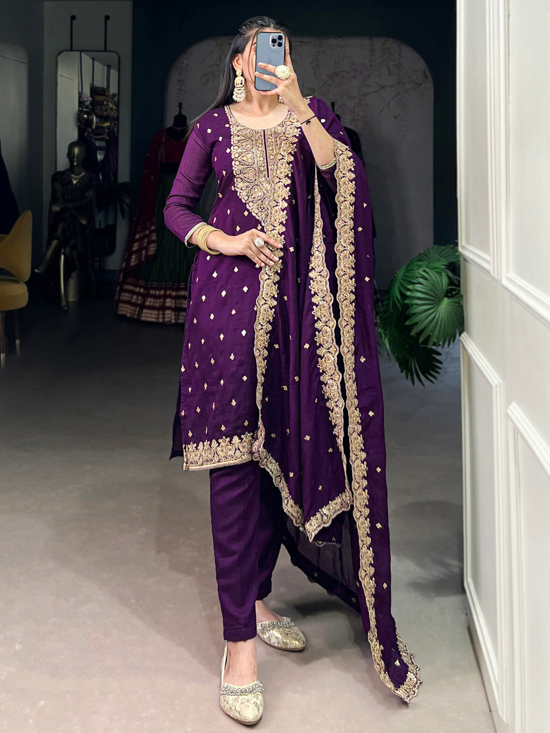 Fantastic Purple Embroidery Silk Function Salwar With Dupatta
