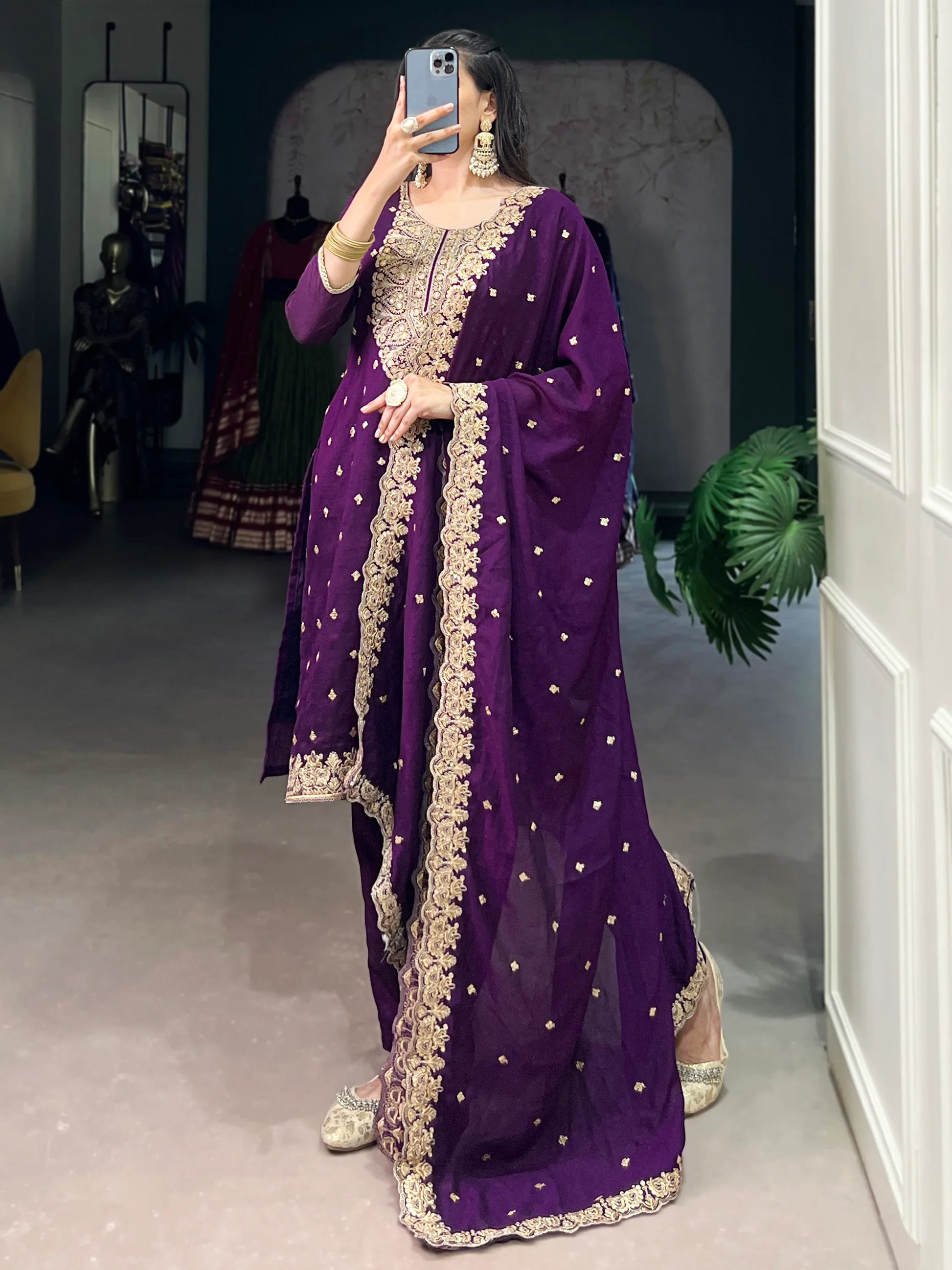 Fantastic Purple Embroidery Silk Function Salwar With Dupatta