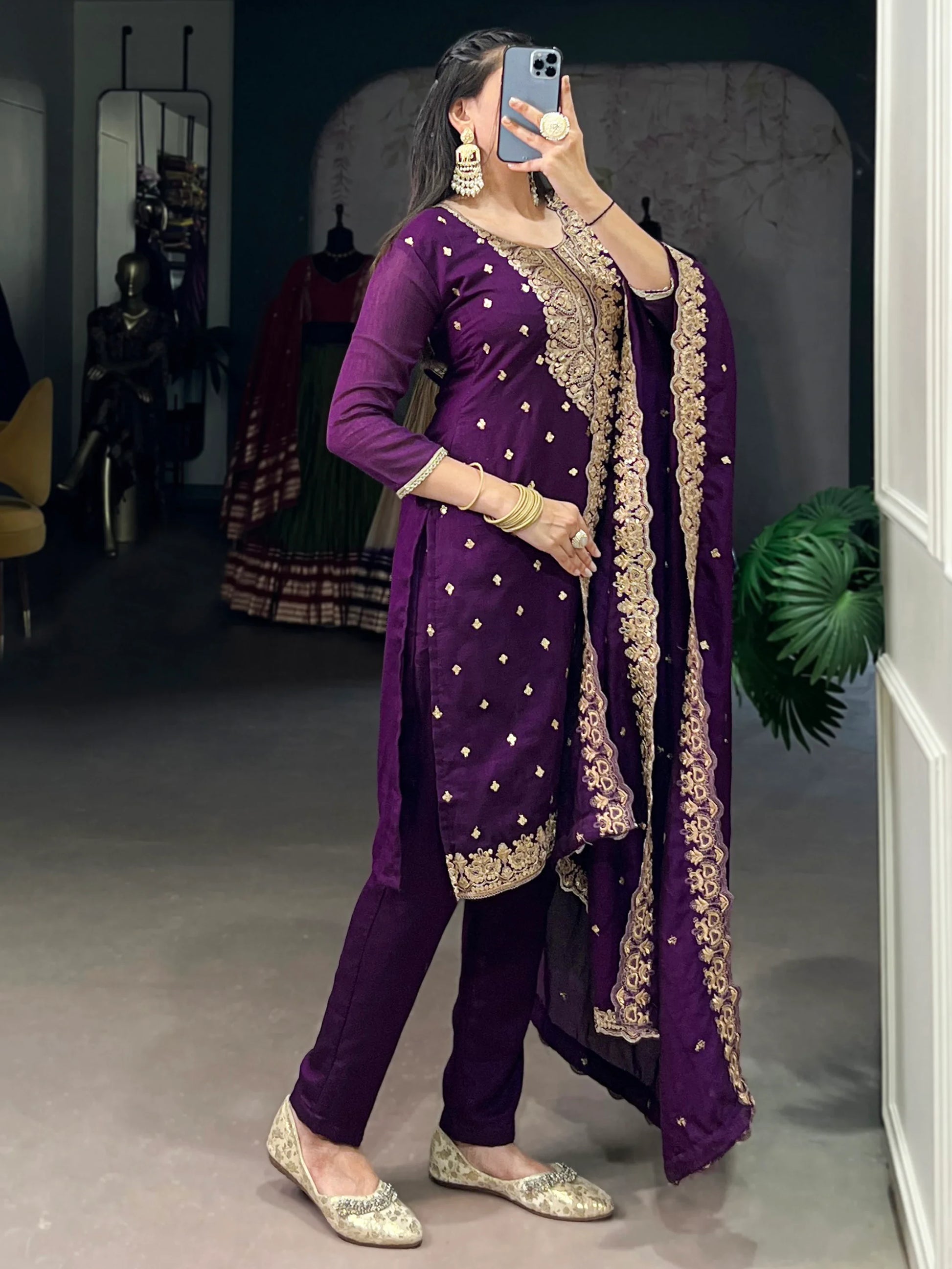 Fantastic Purple Embroidery Silk Function Salwar With Dupatta