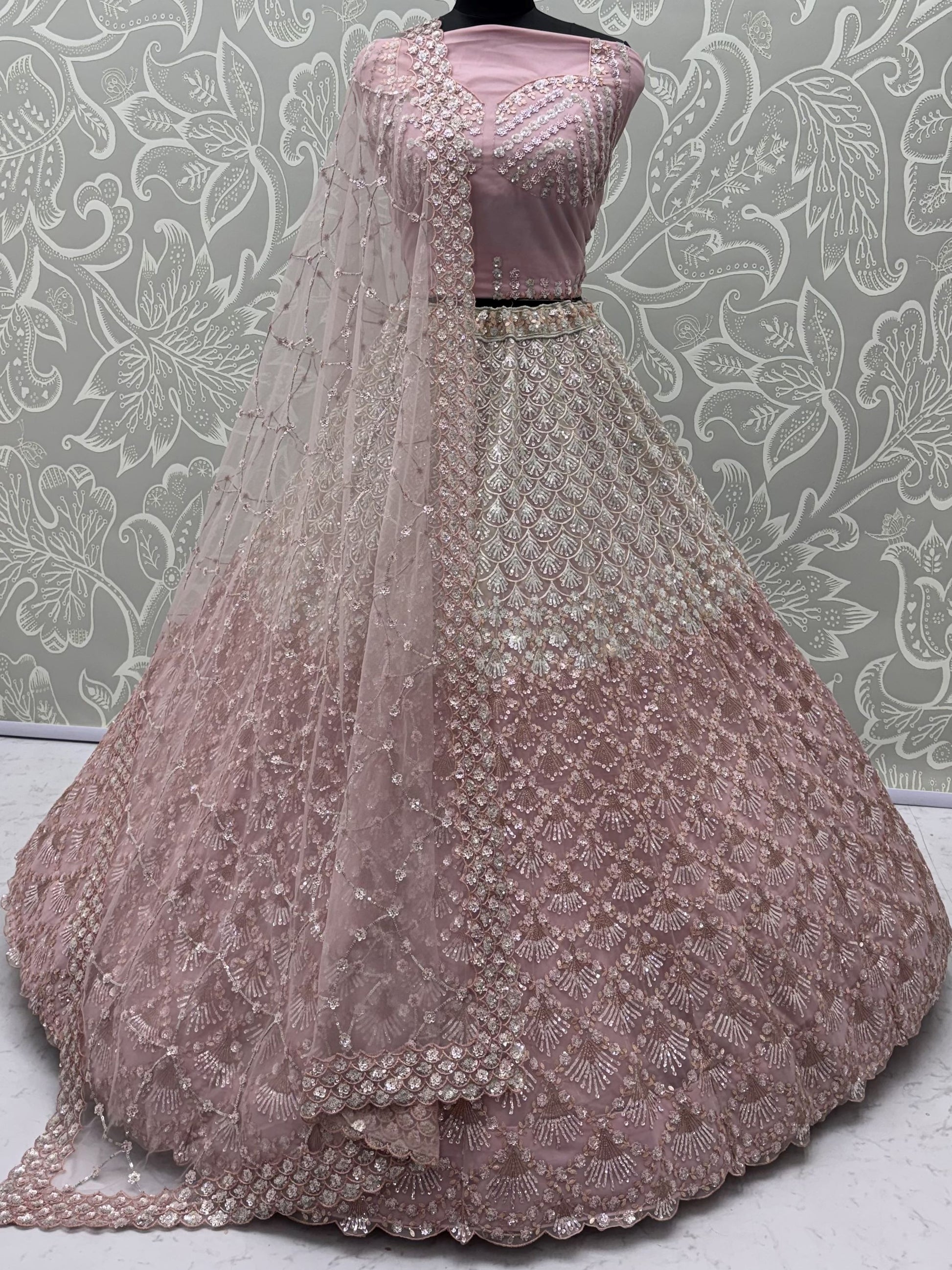 Alluring Light Pink Sequins Net Weddings Wear Lehenga Choli With Dupatta