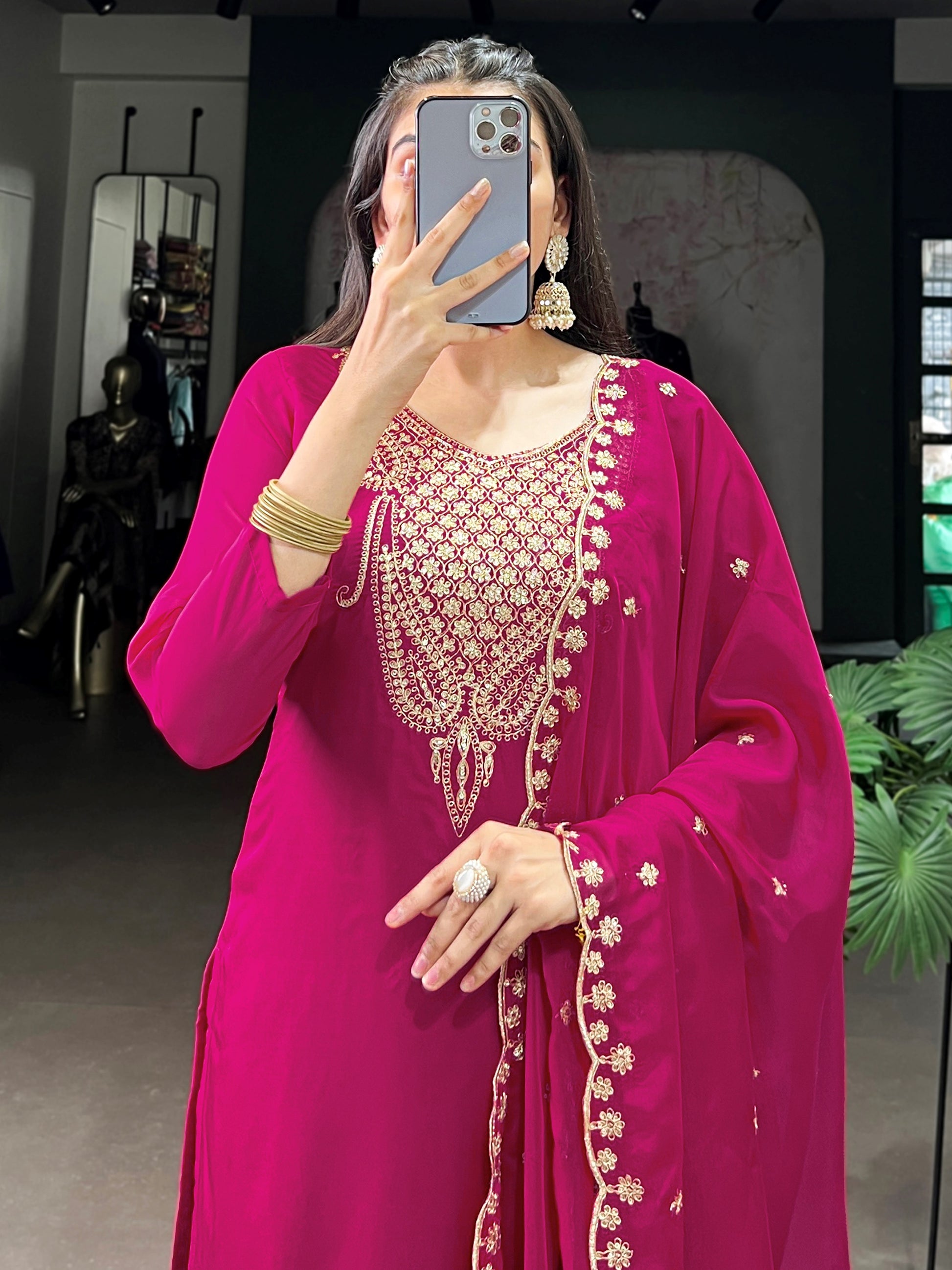 Sparkling Rani Pink Embroidered Organza Festival Wear Salwar Kameez With Dupatta