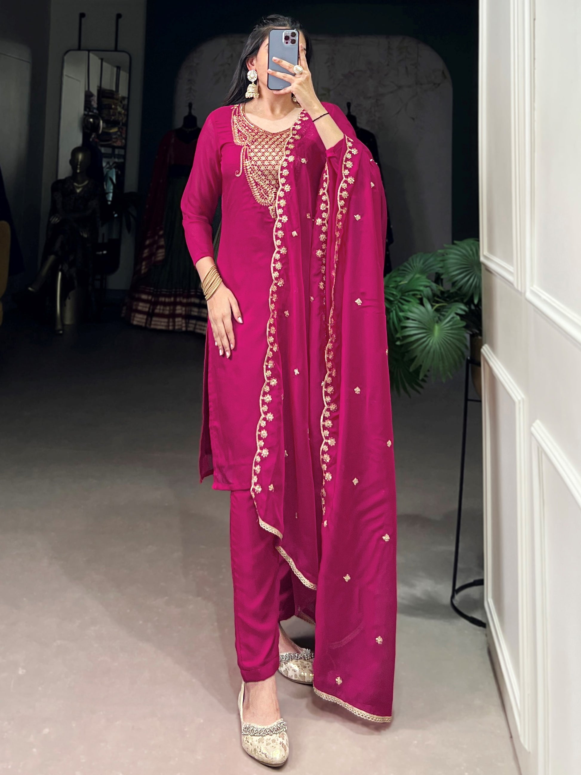 Sparkling Rani Pink Embroidered Organza Festival Wear Salwar Kameez With Dupatta