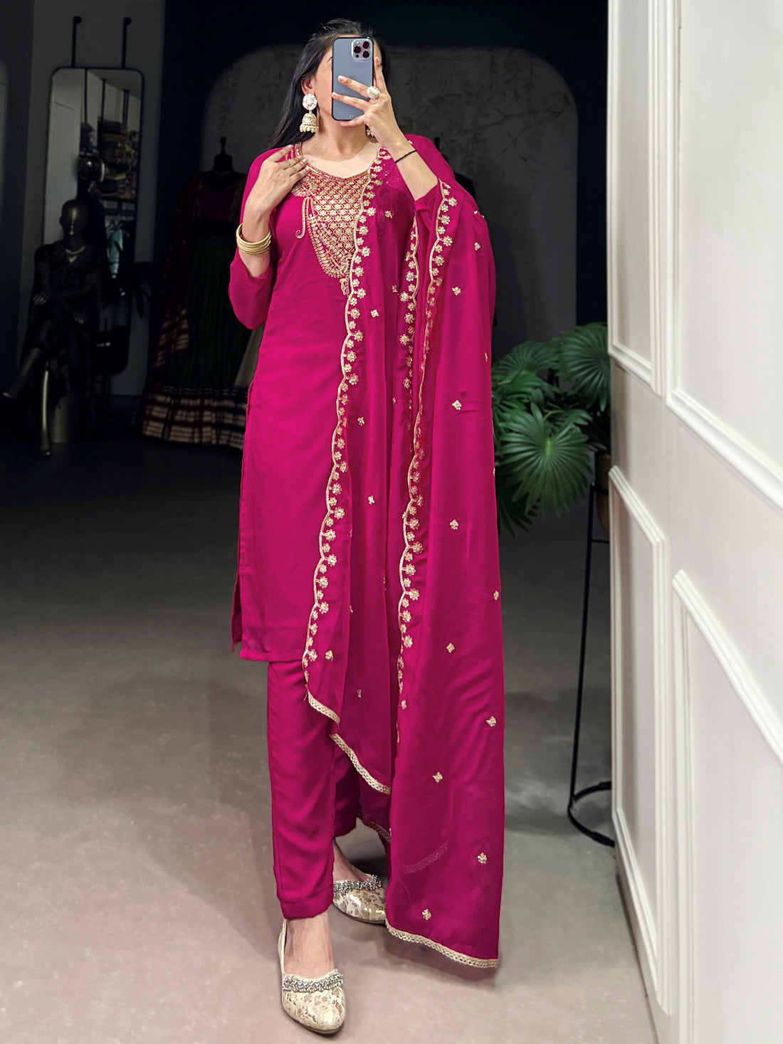Sparkling Rani Pink Embroidered Organza Festival Wear Salwar Kameez With Dupatta