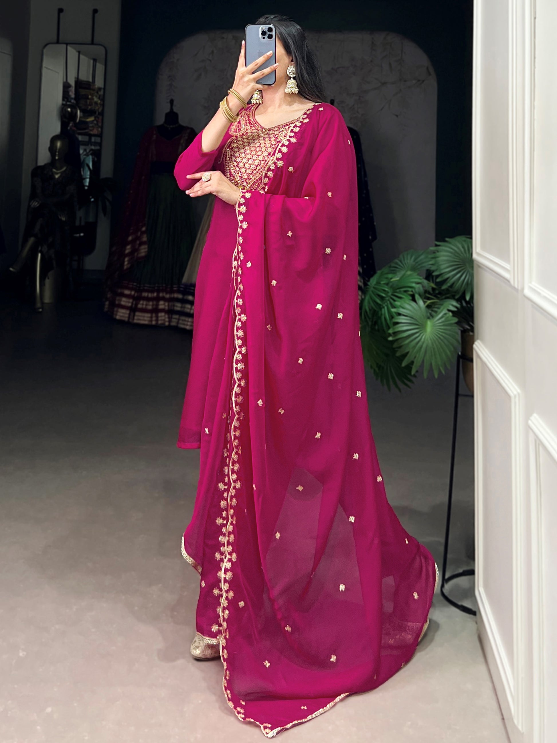 Sparkling Rani Pink Embroidered Organza Festival Wear Salwar Kameez With Dupatta