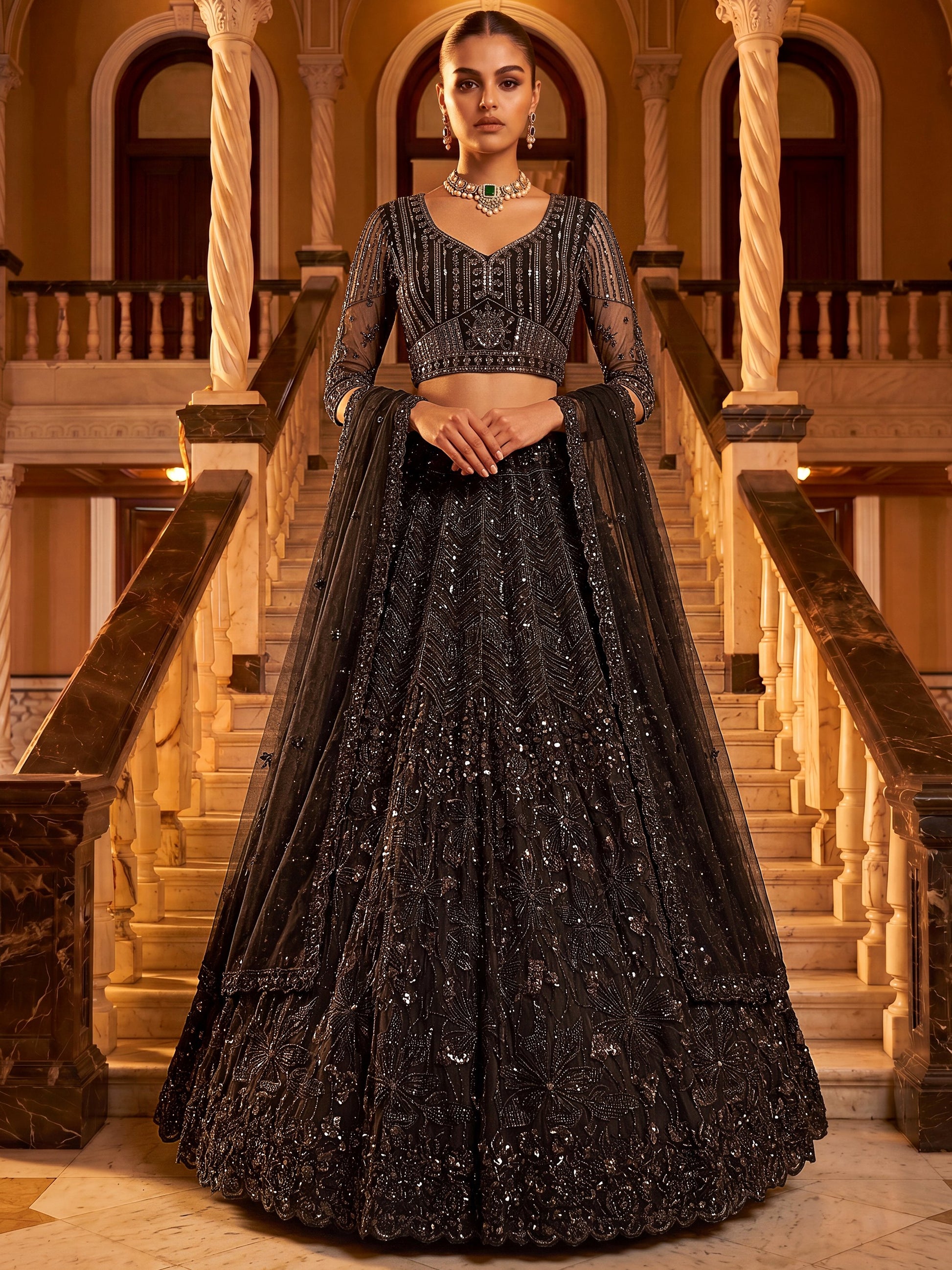 Glowing Black Embroidered Net Wedding Wear Lehenga Choli With Dupatta