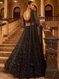 Glowing Black Embroidered Net Wedding Wear Lehenga Choli With Dupatta