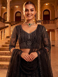 Glowing Black Embroidered Net Wedding Wear Lehenga Choli With Dupatta