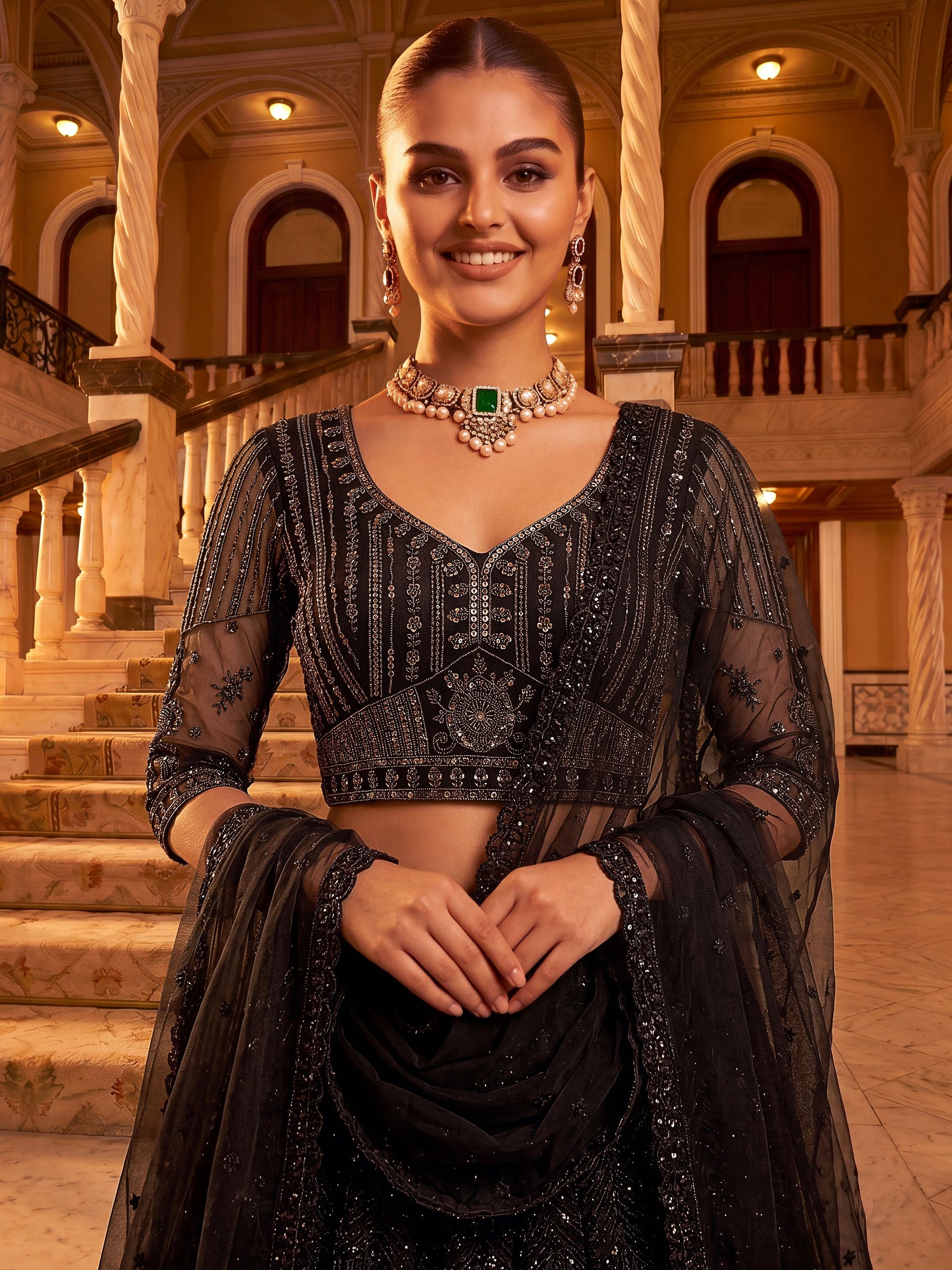 Glowing Black Embroidered Net Wedding Wear Lehenga Choli With Dupatta