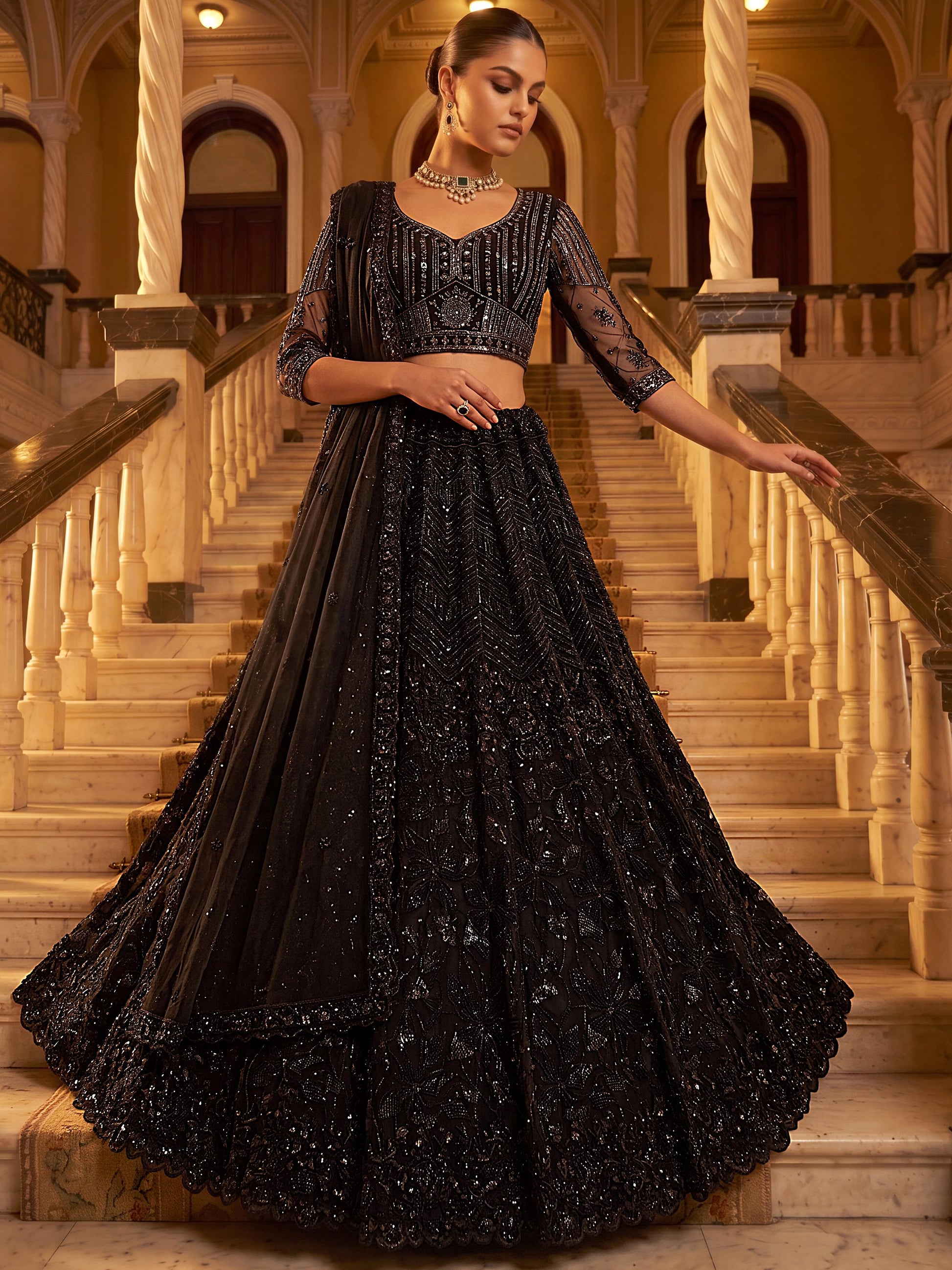Glowing Black Embroidered Net Wedding Wear Lehenga Choli With Dupatta