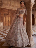 Pretty Mauve Embroidered Net Bridal Wear Lehenga Choli With Dupatta