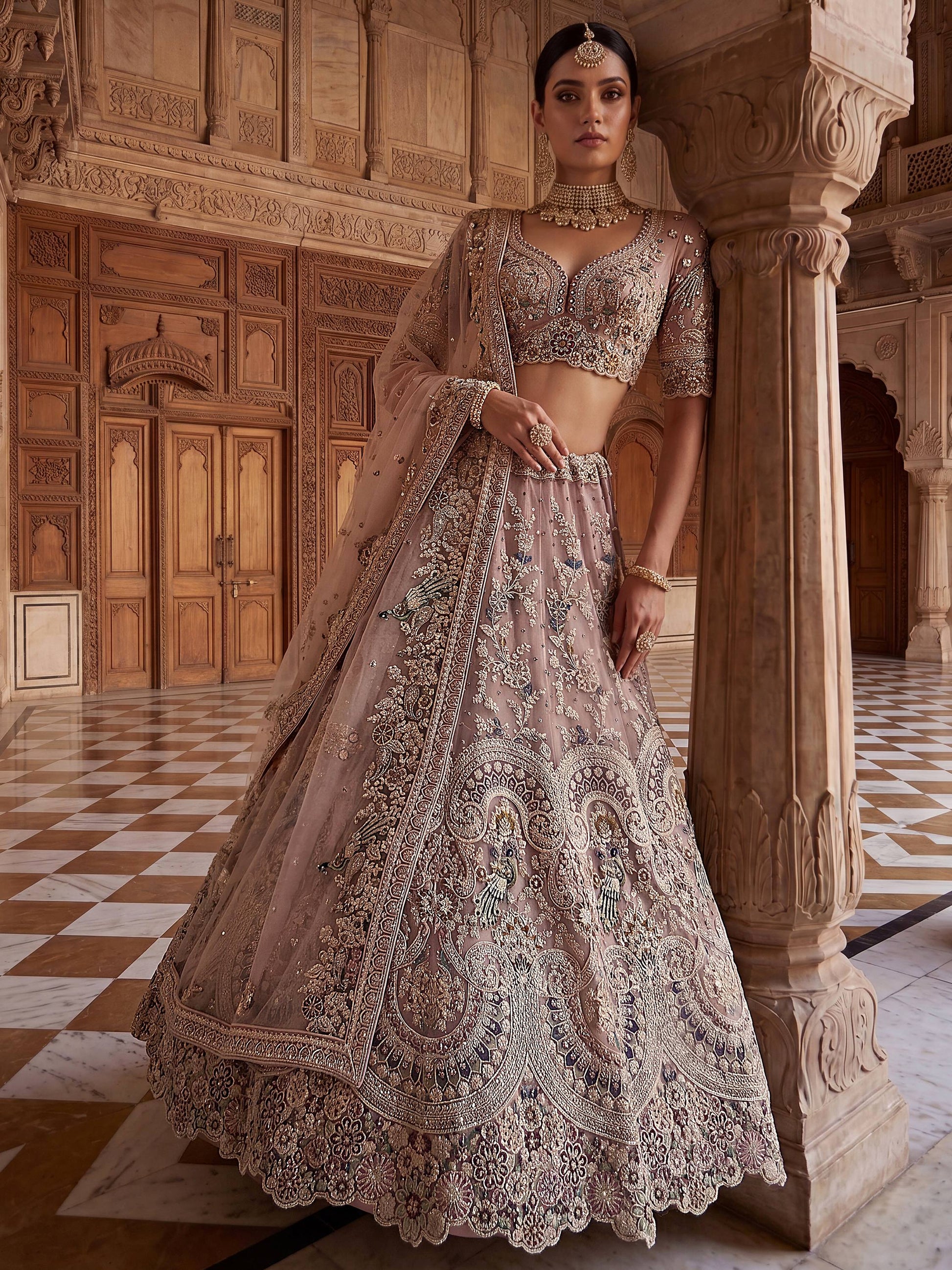 Pretty Mauve Embroidered Net Bridal Wear Lehenga Choli With Dupatta