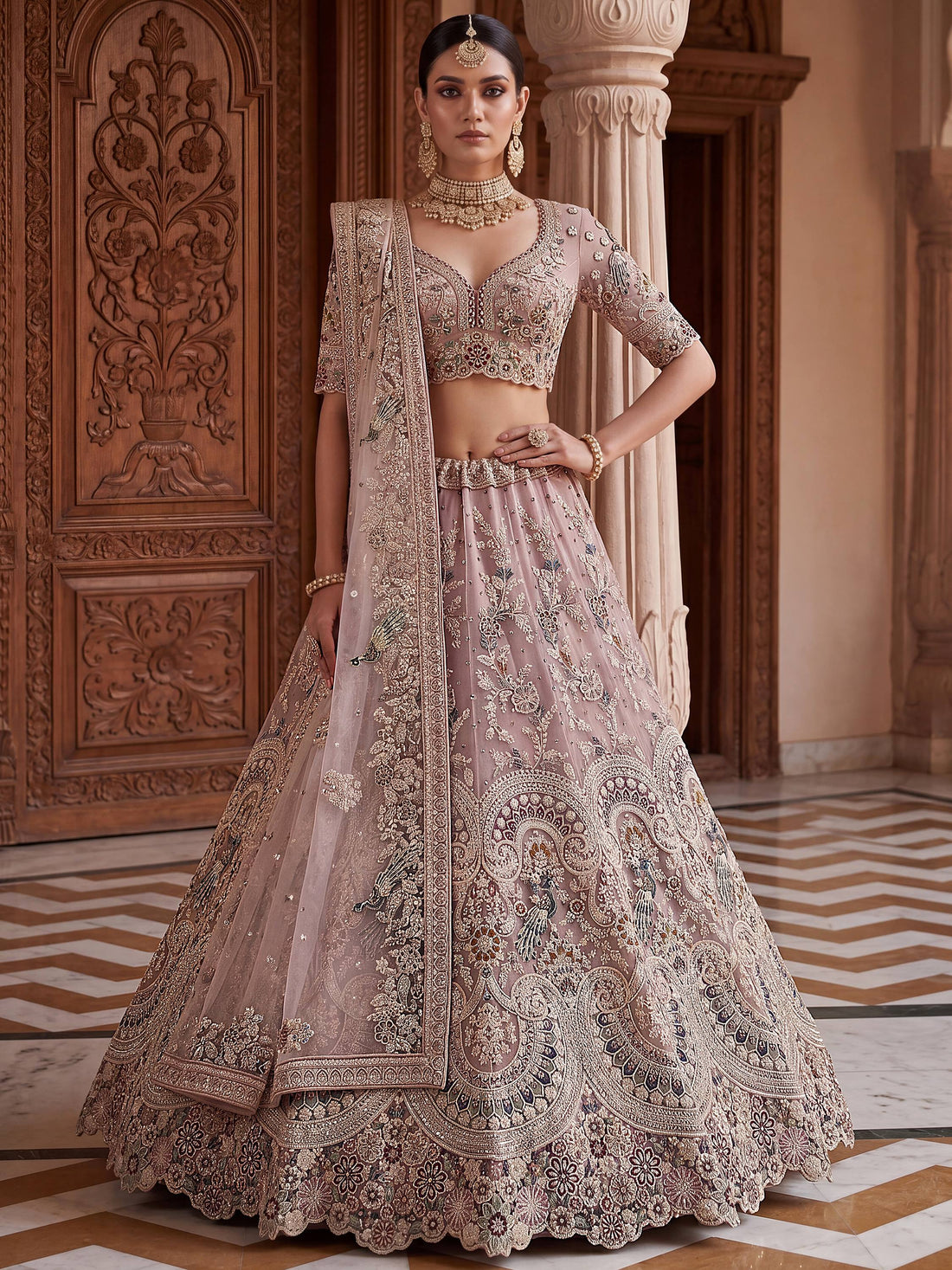 Pretty Mauve Embroidered Net Bridal Wear Lehenga Choli With Dupatta