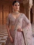 Pretty Mauve Embroidered Net Bridal Wear Lehenga Choli With Dupatta